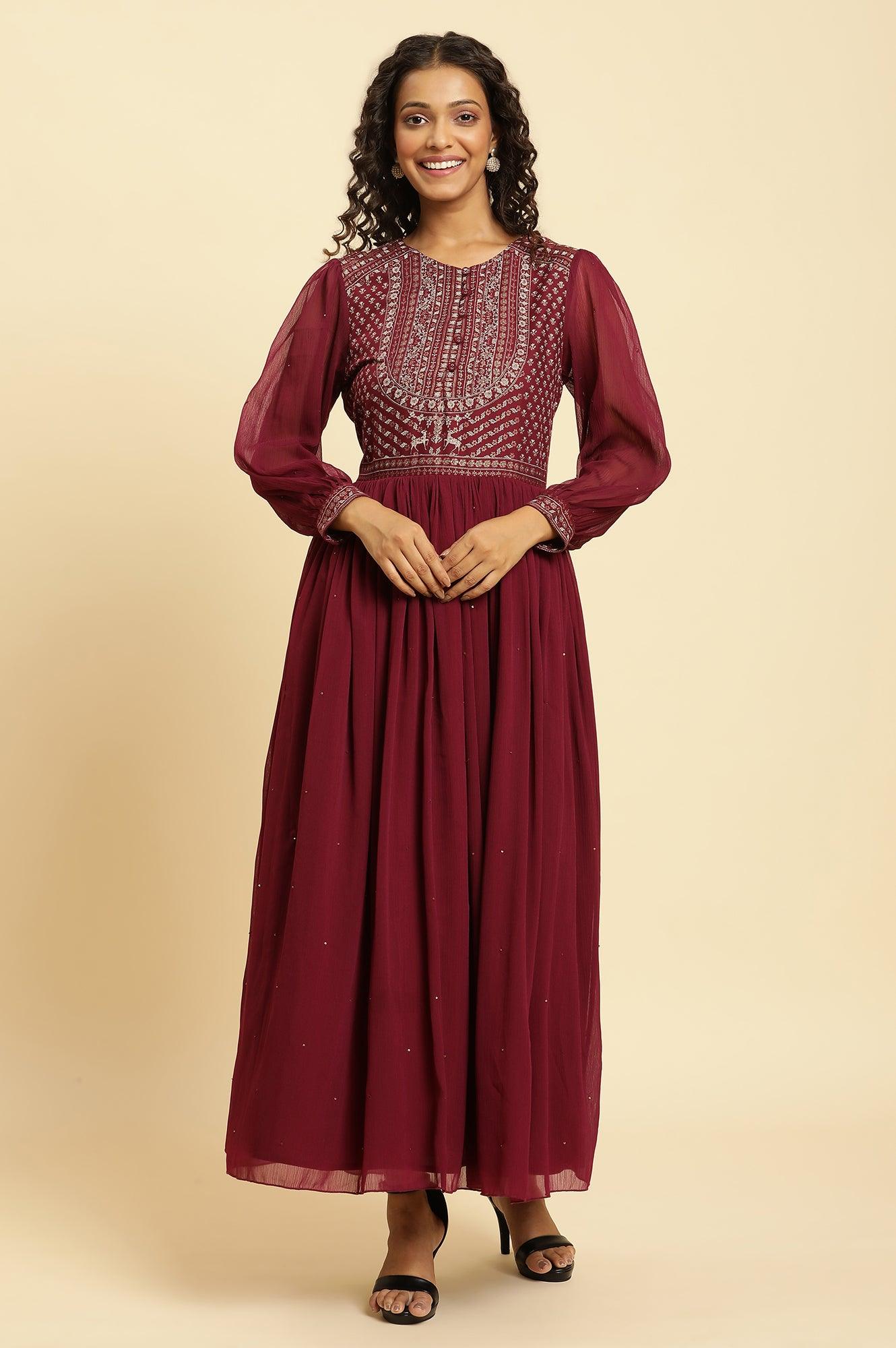 Wine Heavy Embroidered Festive Dress - wforwoman