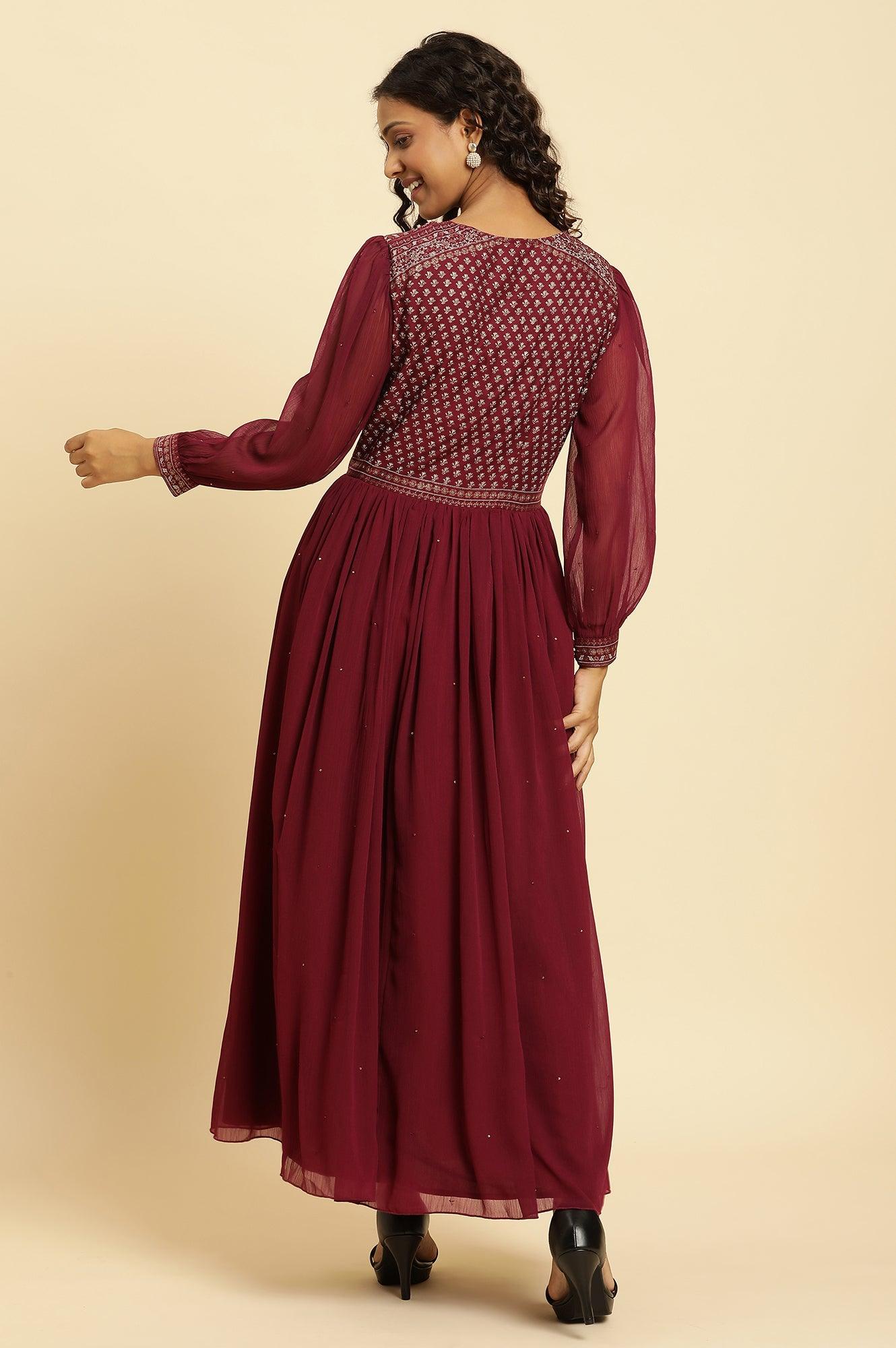 Wine Heavy Embroidered Festive Dress - wforwoman