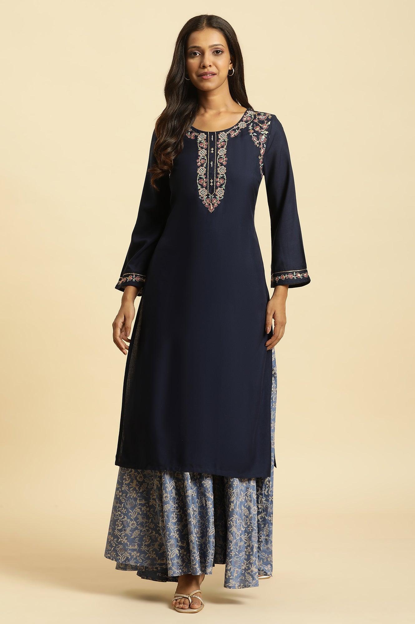 Blue Chunky Thread Embroidered Festive Kurta - wforwoman