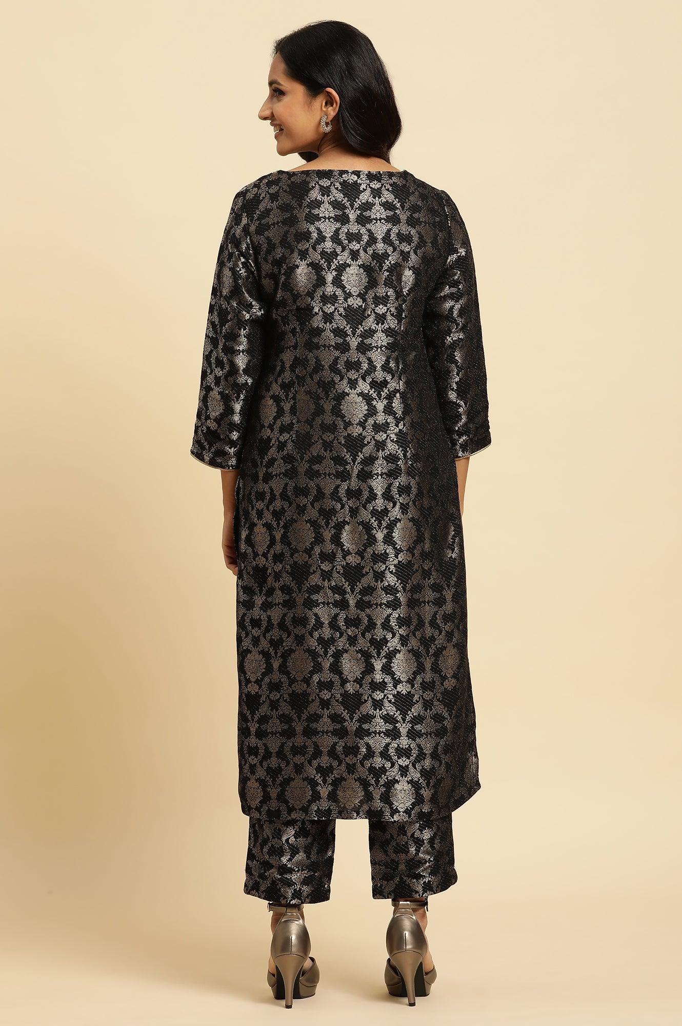 Black Rayon Jacquard Festive Kurta - wforwoman