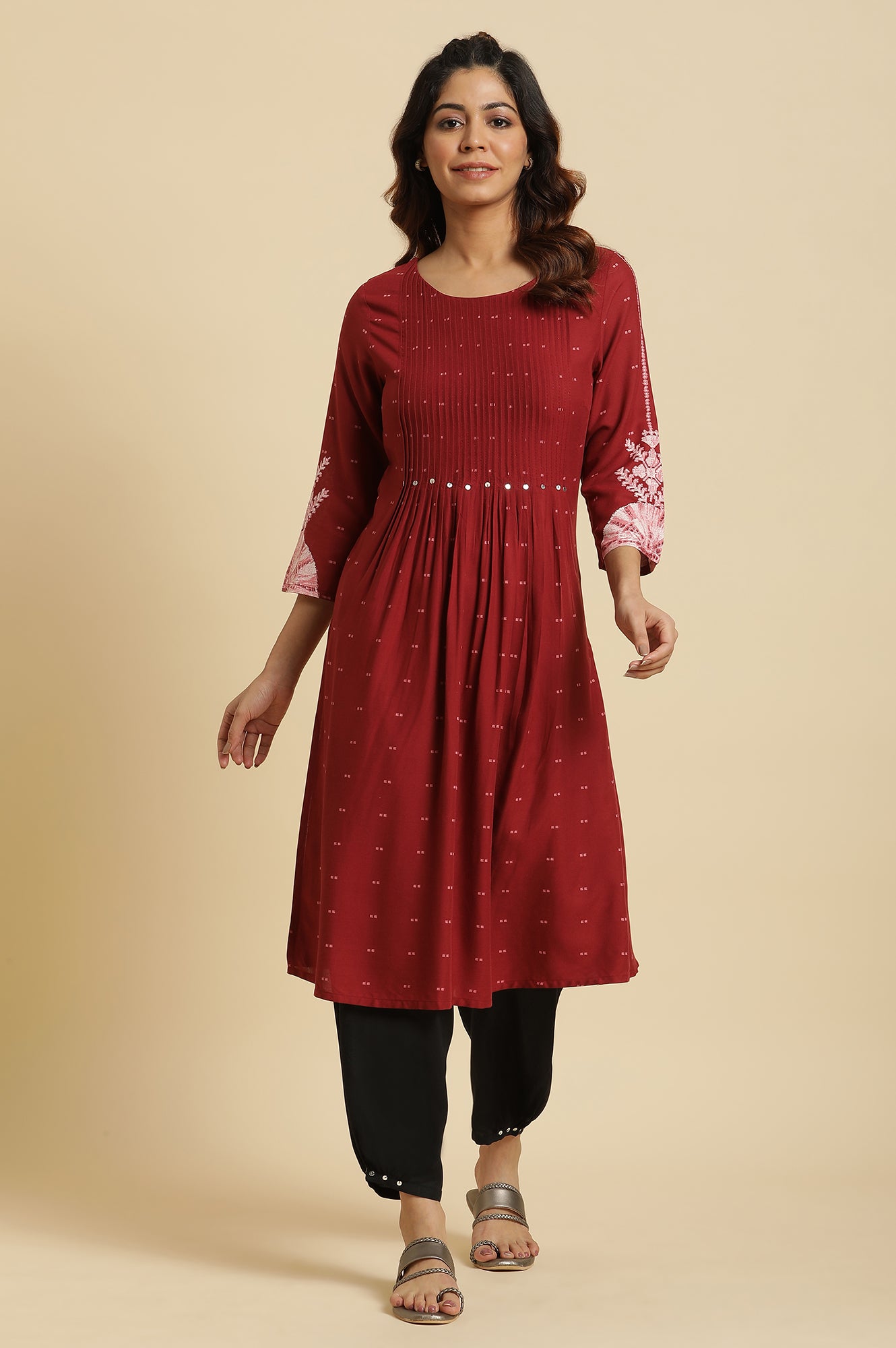 Maroon Flared Kurta With Bandani & Tie-Dye Detail