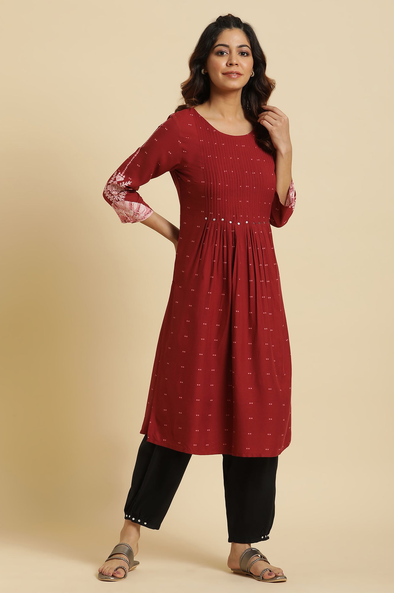 Maroon Flared Kurta With Bandani & Tie-Dye Detail