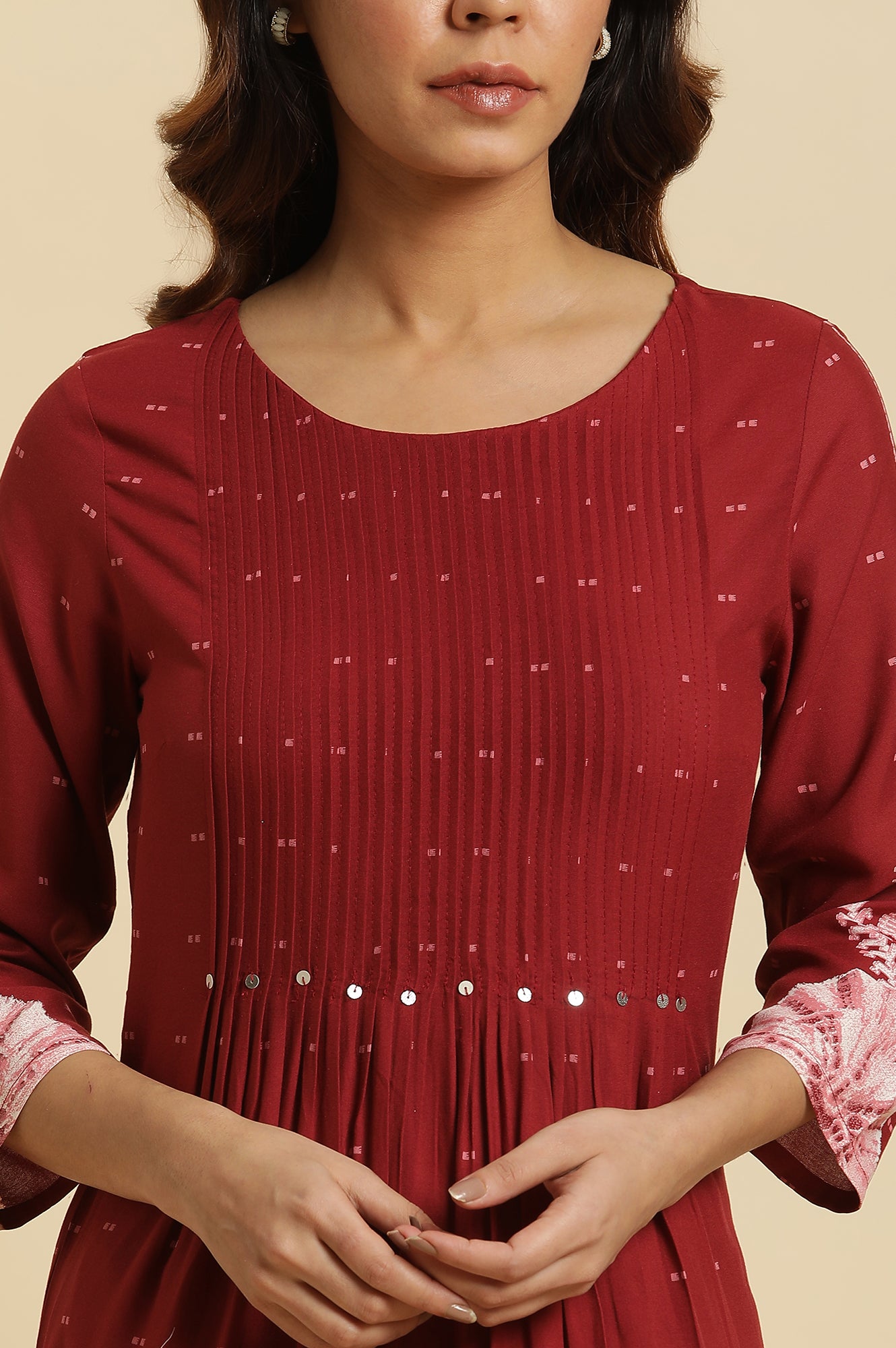 Maroon Flared Kurta With Bandani & Tie-Dye Detail
