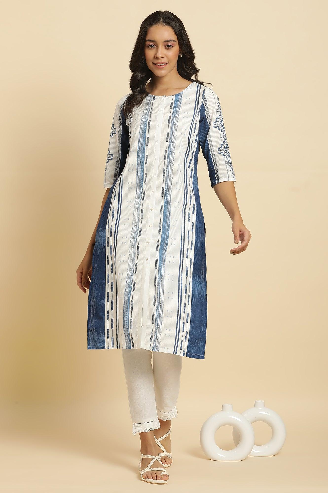 White & Blue Kantha Printed Kurta - wforwoman
