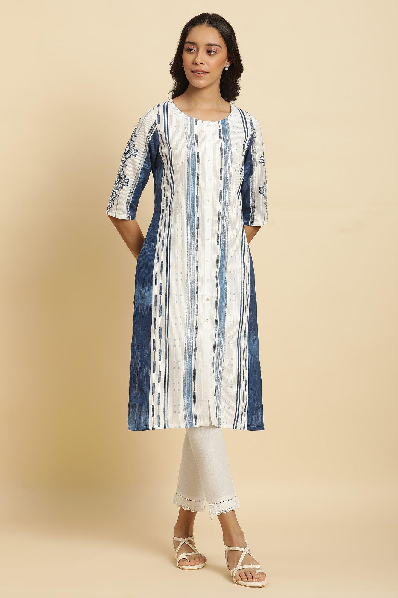 White & Blue Kantha Printed Kurta - wforwoman