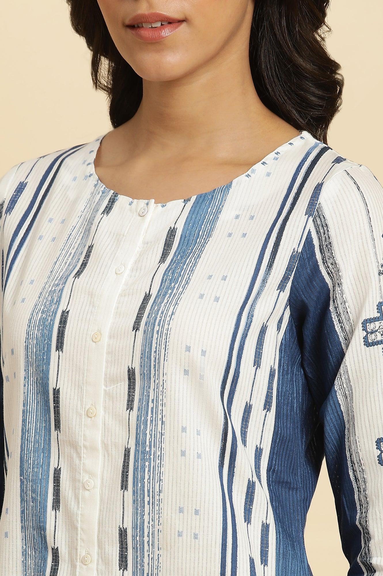 White & Blue Kantha Printed Kurta - wforwoman