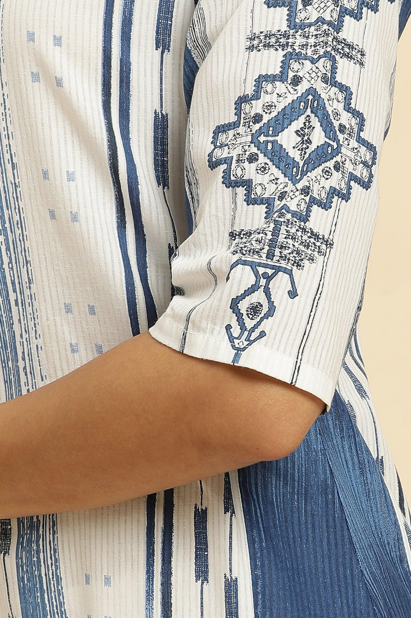 White & Blue Kantha Printed Kurta - wforwoman