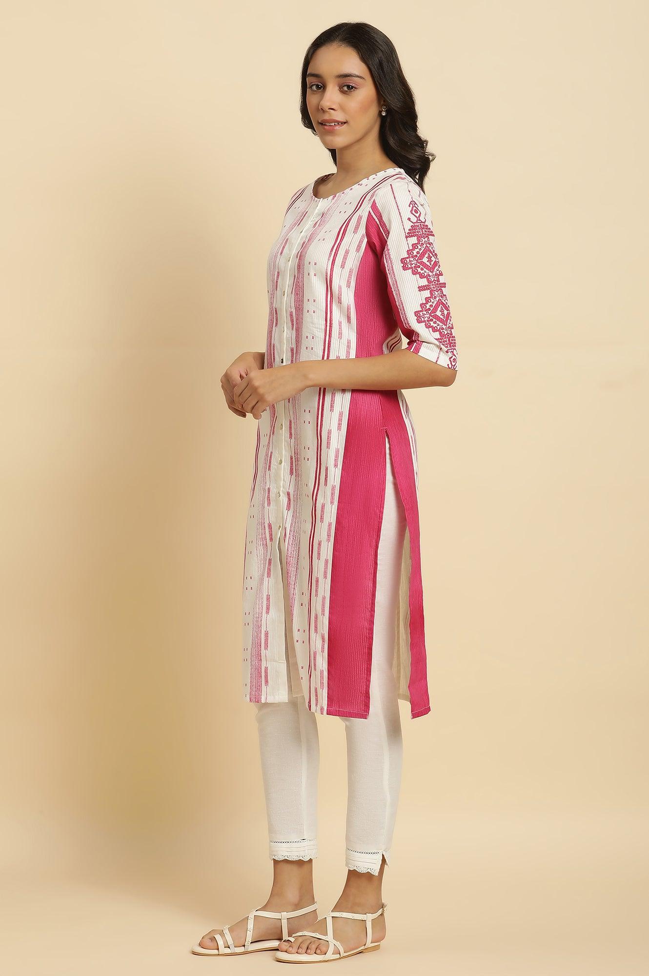 Pink & White Kantha Printed Kurta - wforwoman