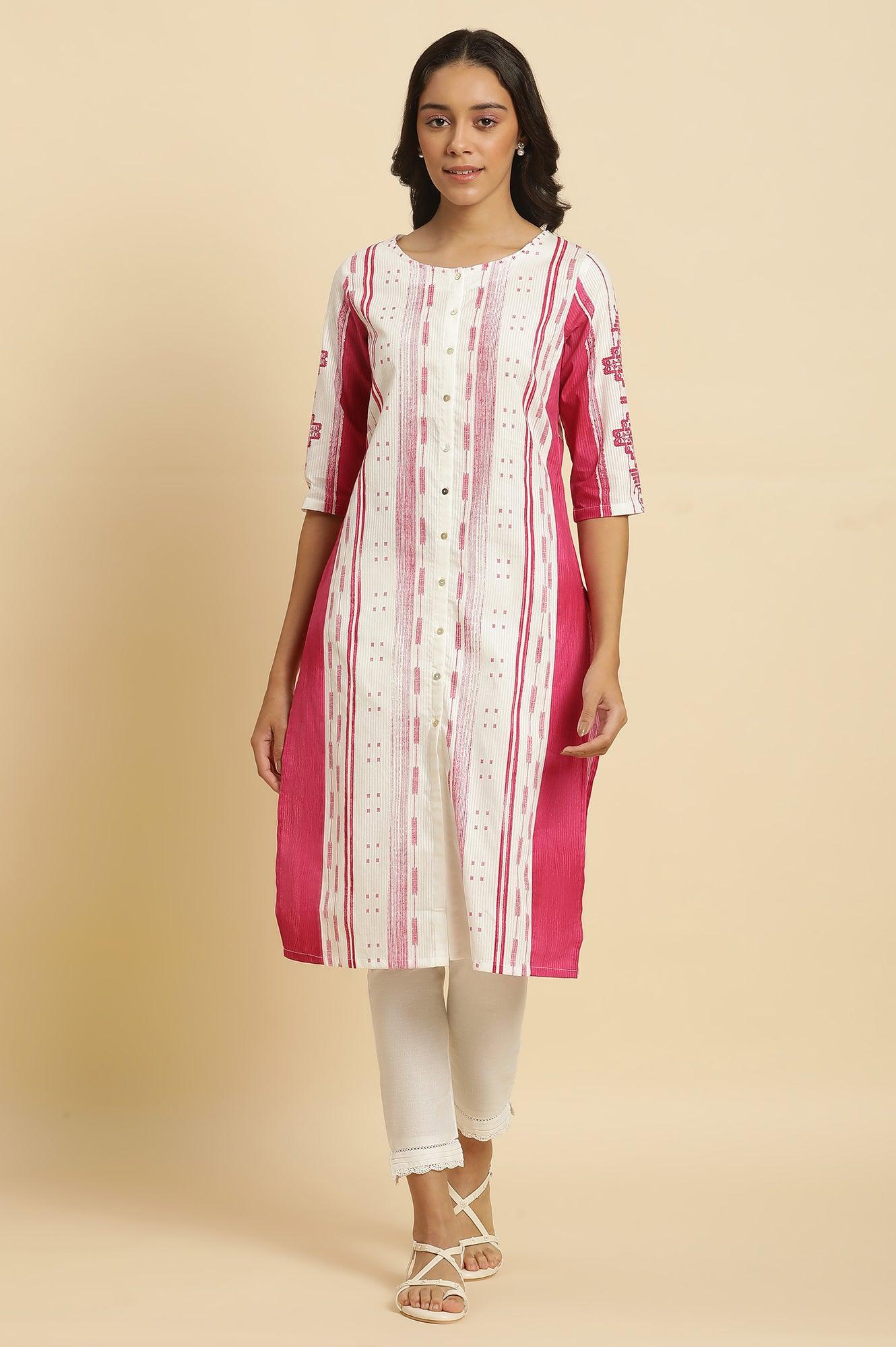 Pink & White Kantha Printed Kurta - wforwoman
