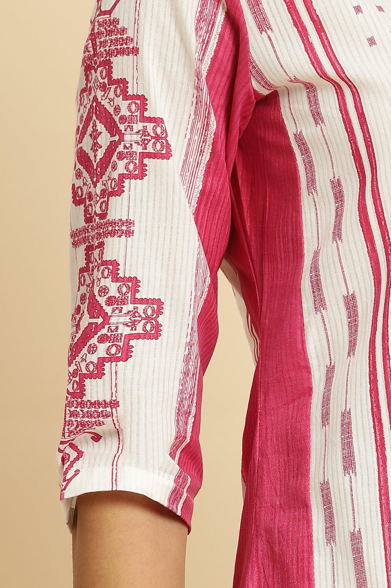 Pink & White Kantha Printed Kurta - wforwoman