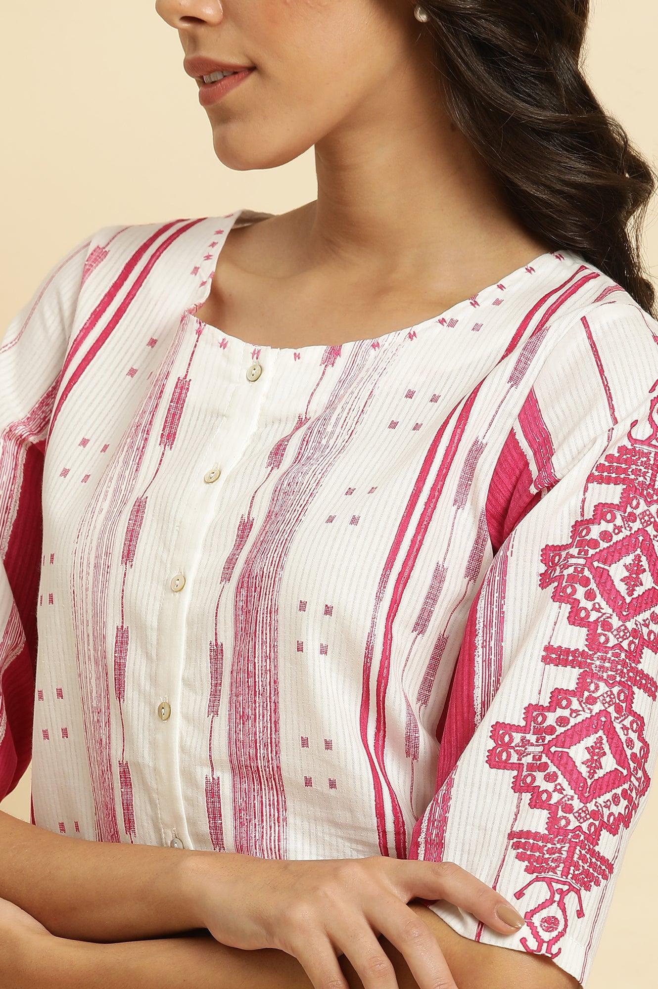 Pink & White Kantha Printed Kurta - wforwoman