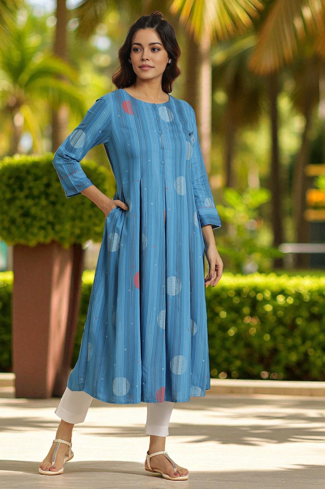 Buy Blue Box Pleats Kurta With Kantha Details 2599 W for woman