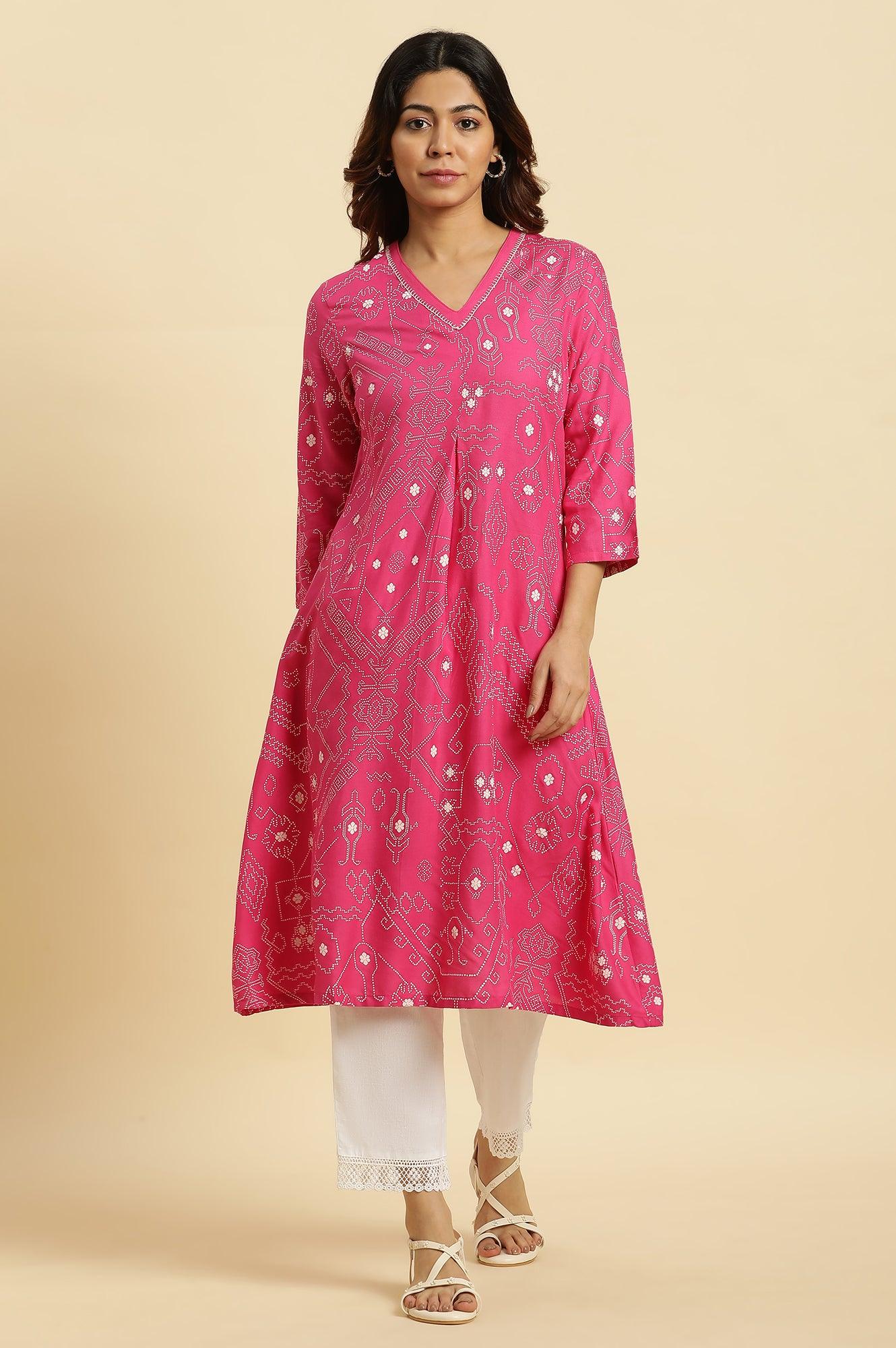 Pink Geometric Printed A-Line Kurta - wforwoman