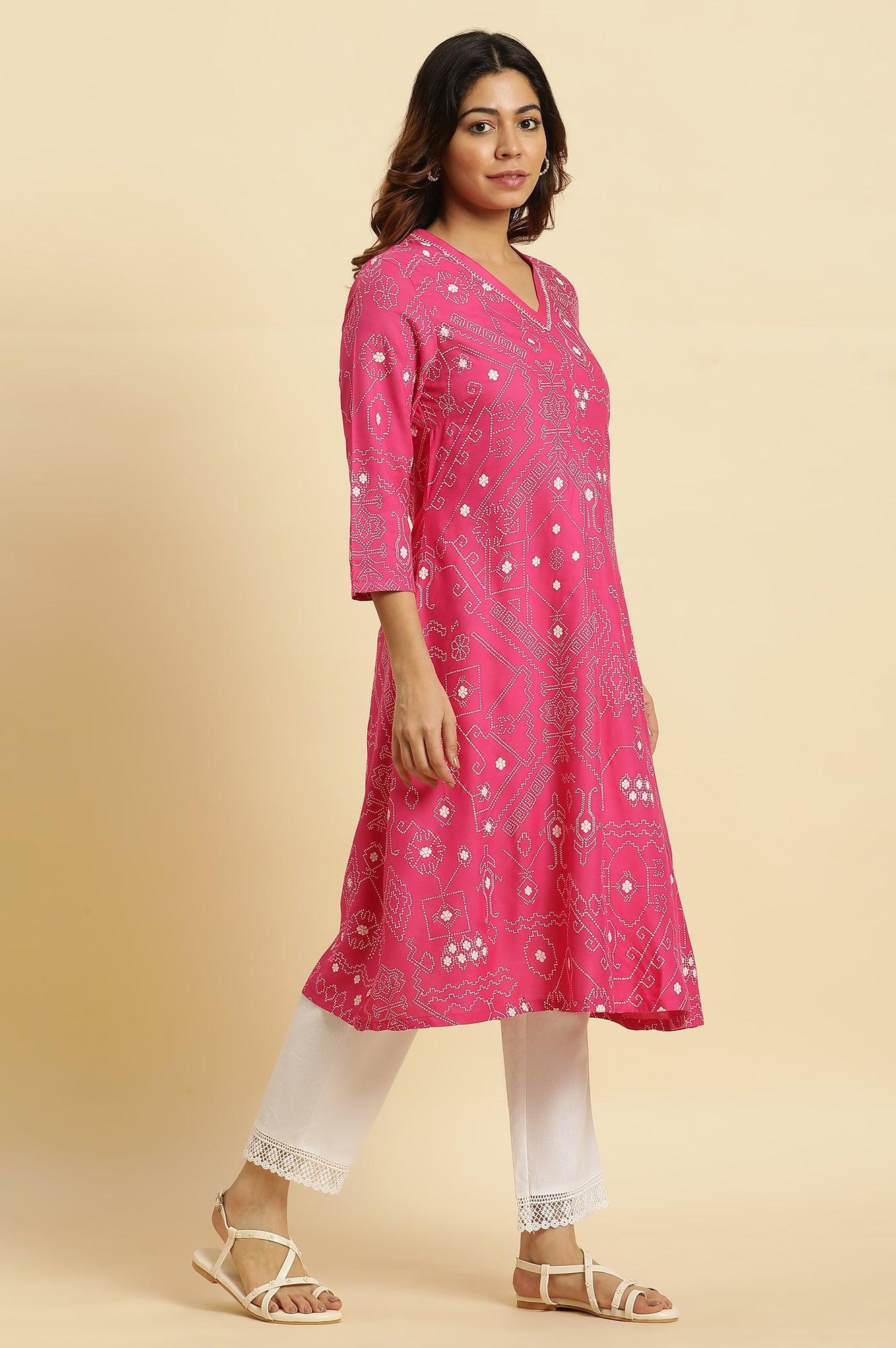 Pink Geometric Printed A-Line Kurta - wforwoman