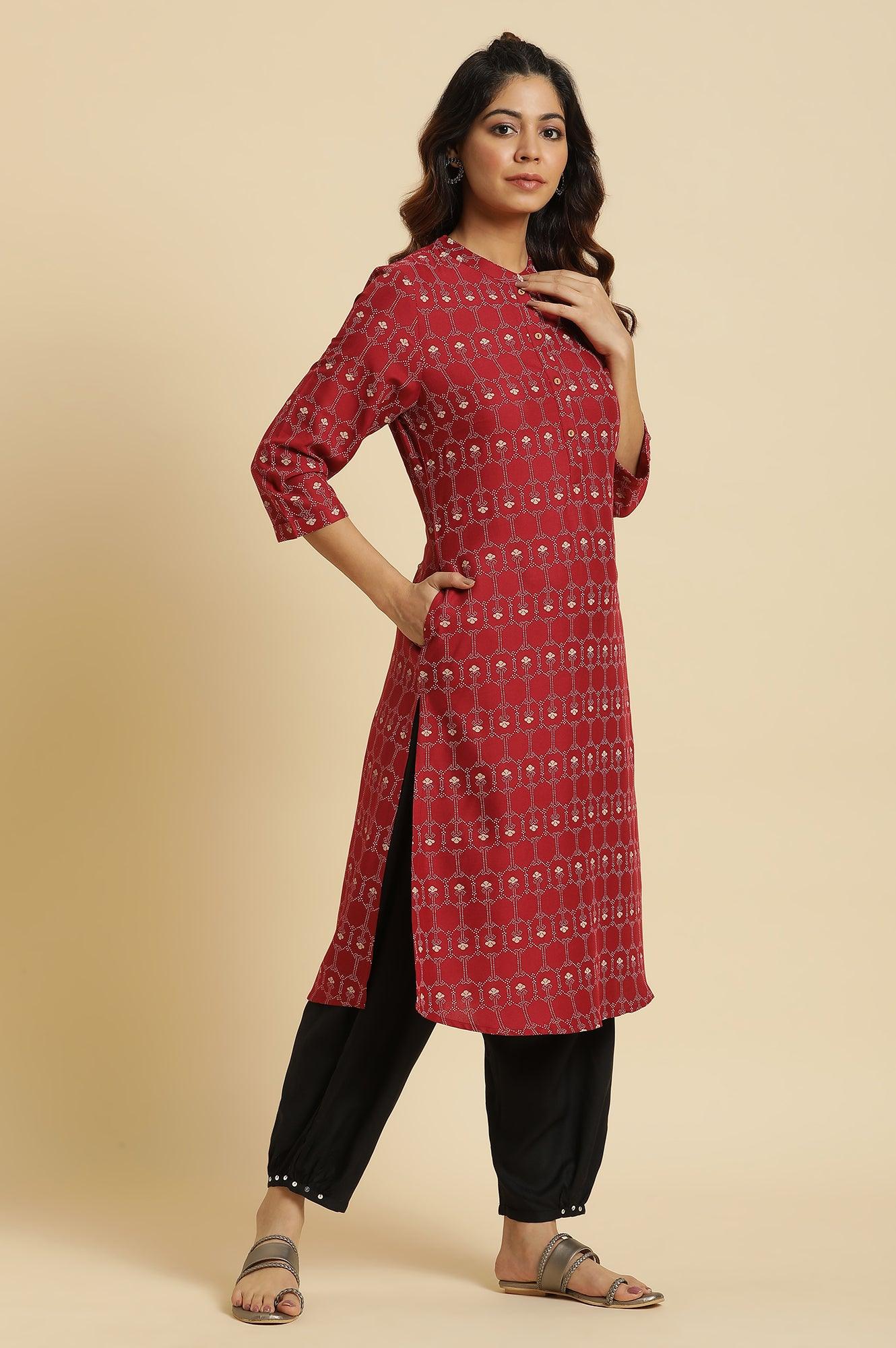 Maroon Printed Mandarin Collar Kurta - wforwoman