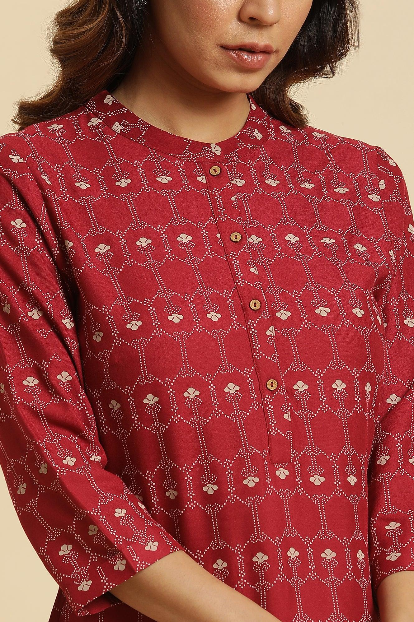 Maroon Printed Mandarin Collar Kurta - wforwoman