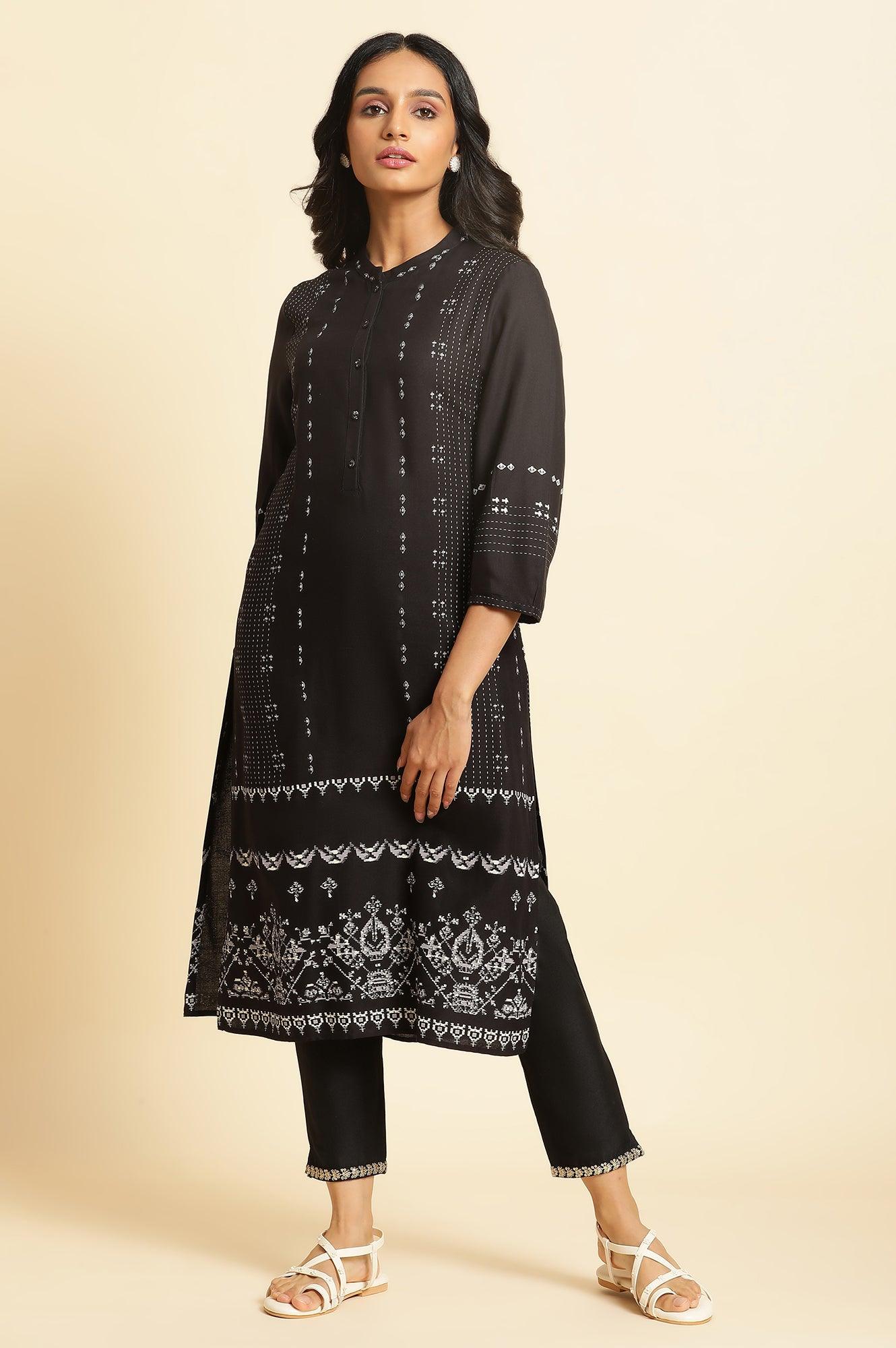 Black Geometric Printed Kurta - wforwoman