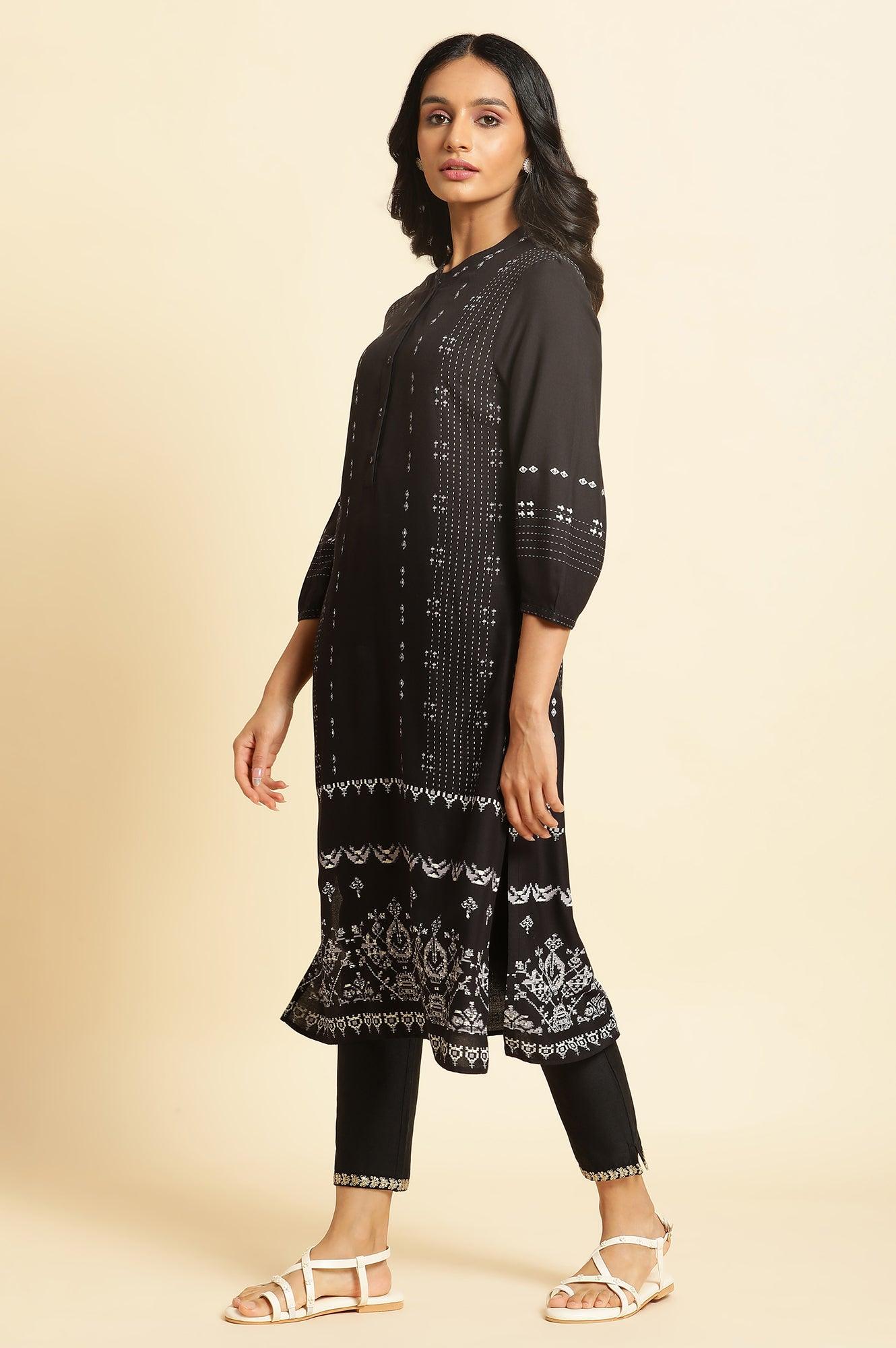 Black Geometric Printed Kurta - wforwoman