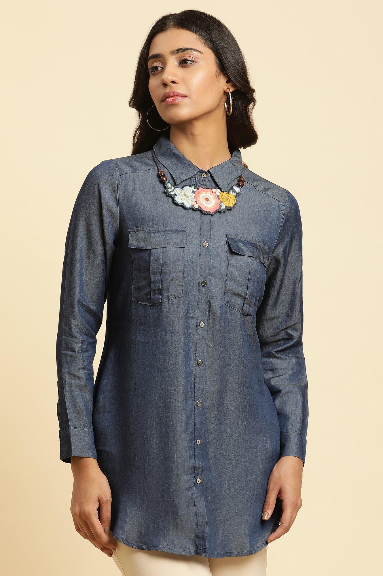 Buy Blue Denim Western Shirt With Embroidered Neck Piece 2599