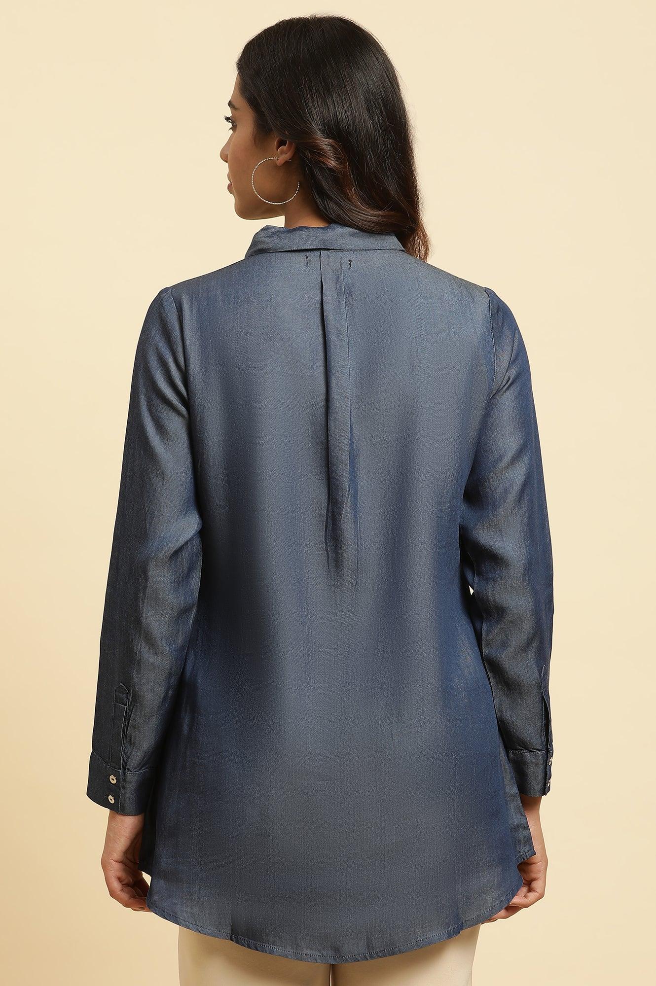 Blue Denim Western Shirt With Embroidered Neck Piece - wforwoman