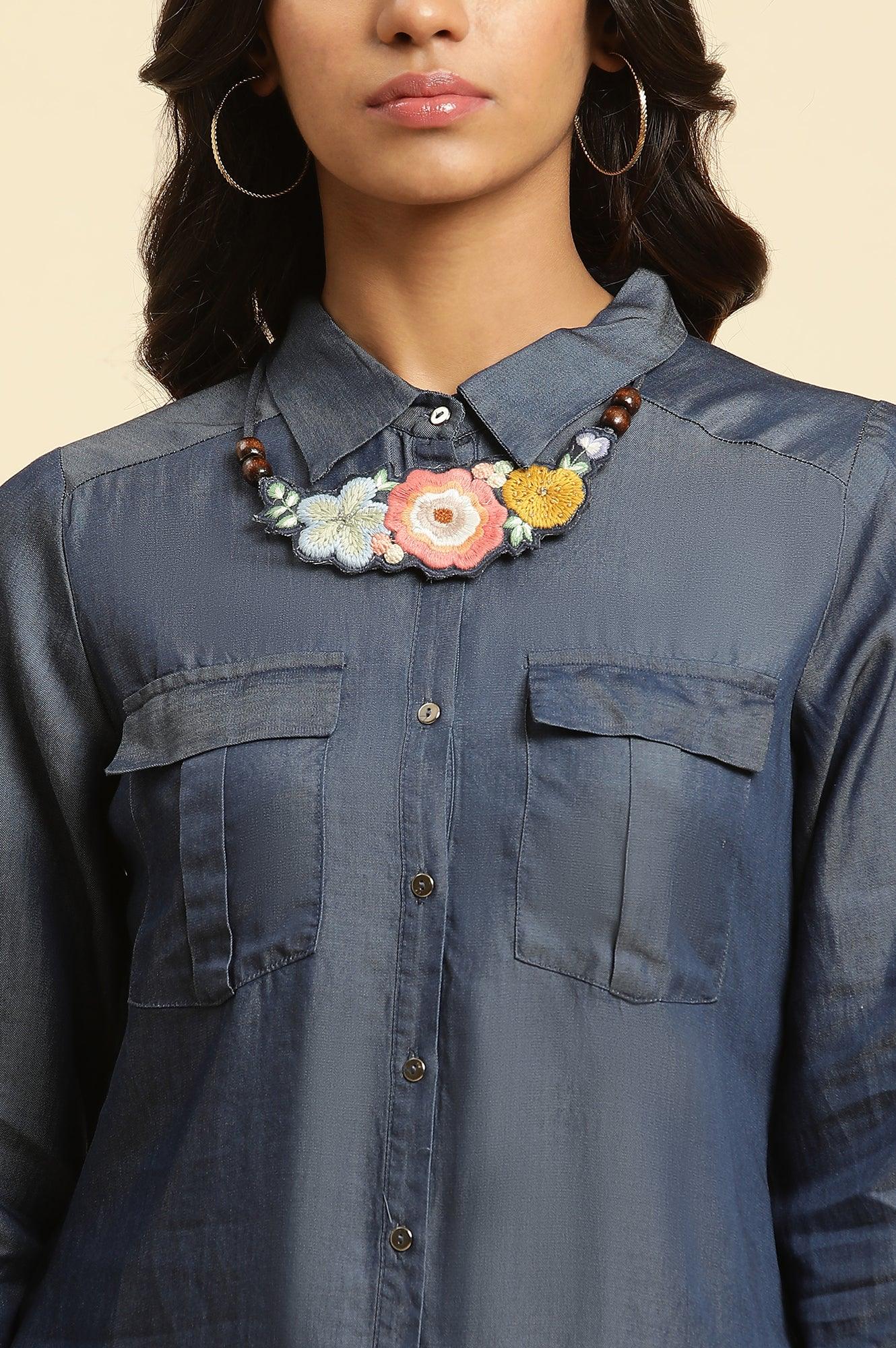 Blue Denim Western Shirt With Embroidered Neck Piece - wforwoman