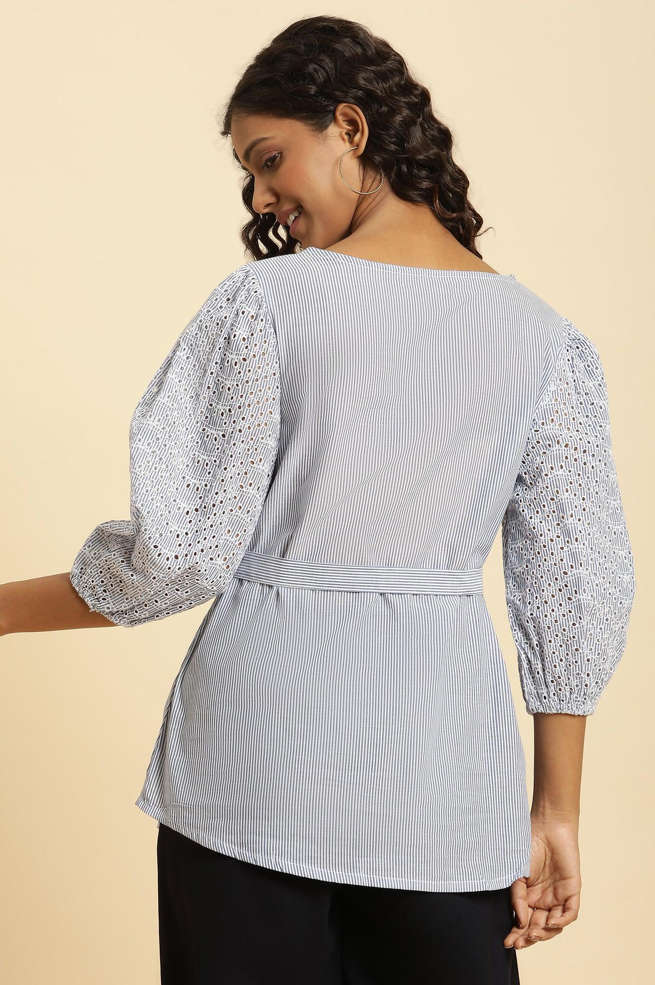 Blue And White Stripe Printed Top With Embroidered Sleeves - wforwoman