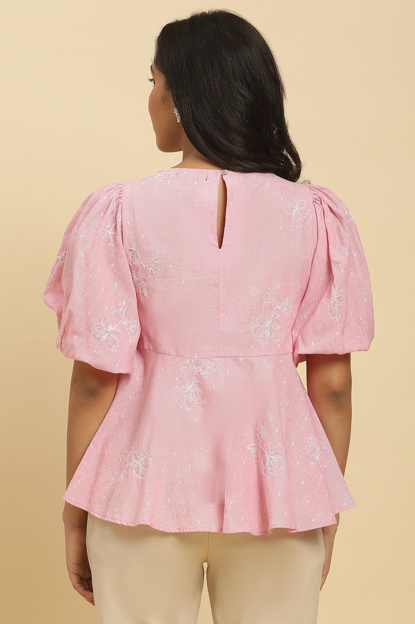 Pink Embroidered Western Peplum Top - wforwoman