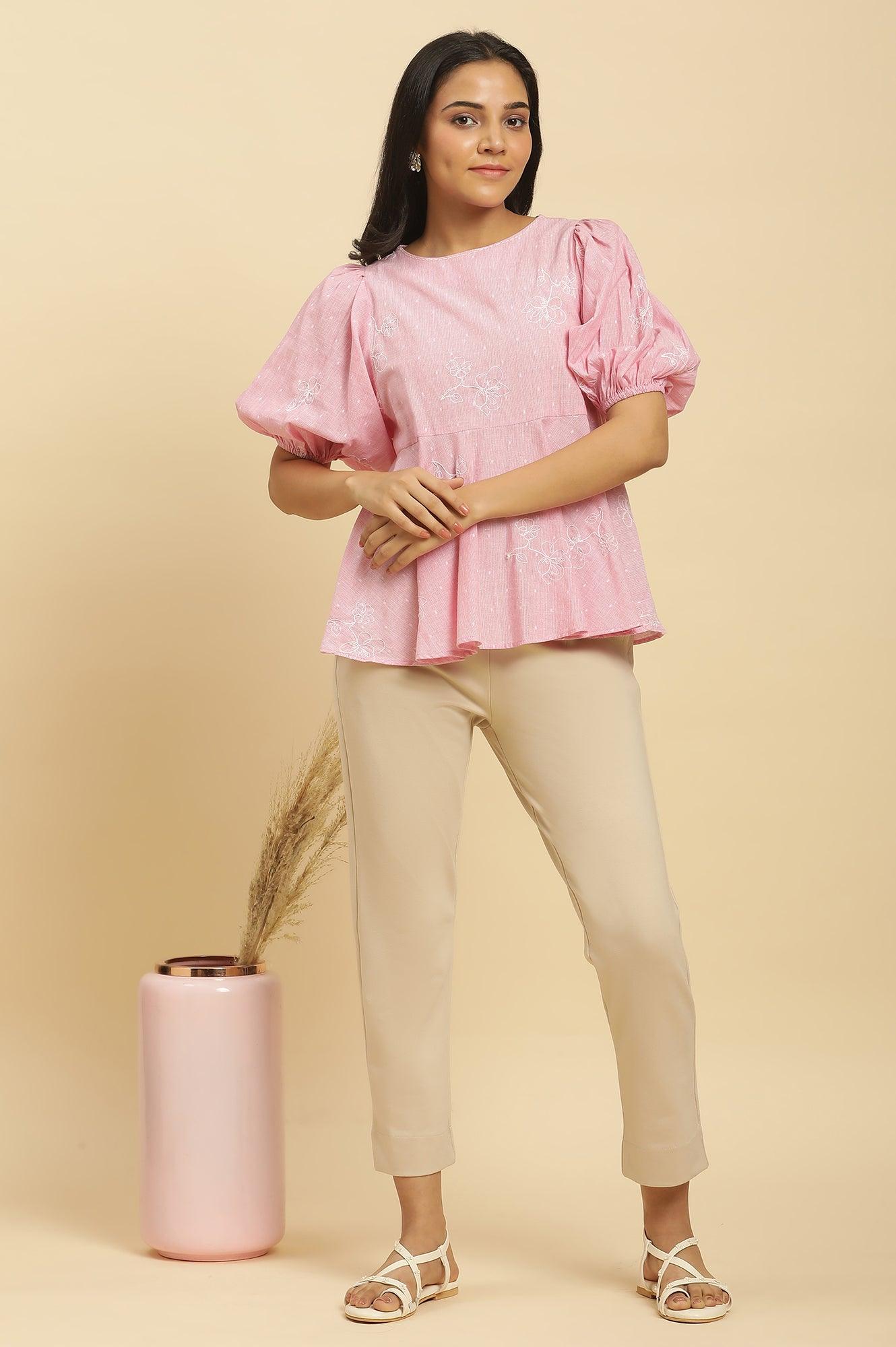 Pink Embroidered Western Peplum Top - wforwoman
