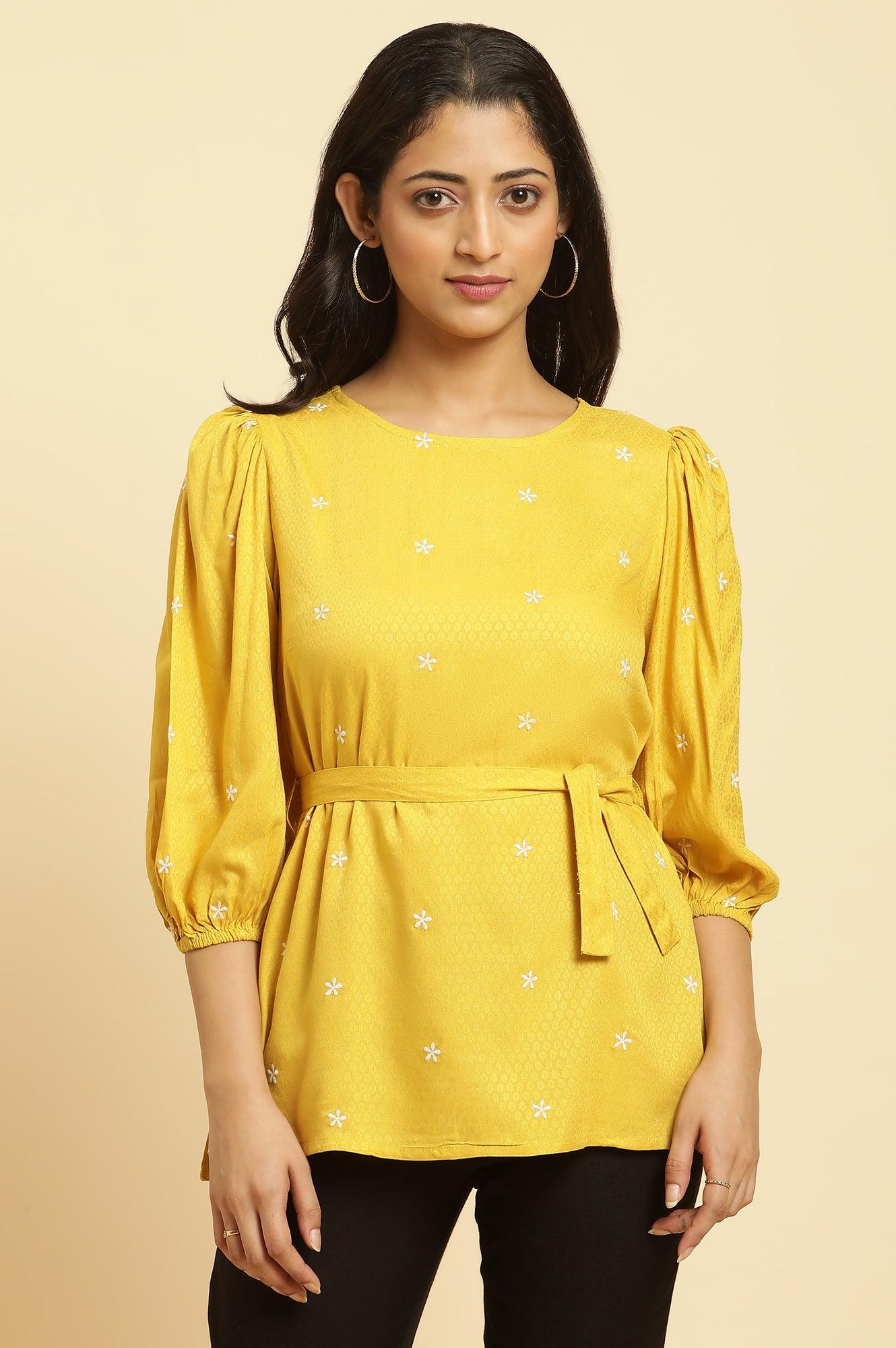 Yellow Minimal Embroidered Western Top With Belt - wforwoman