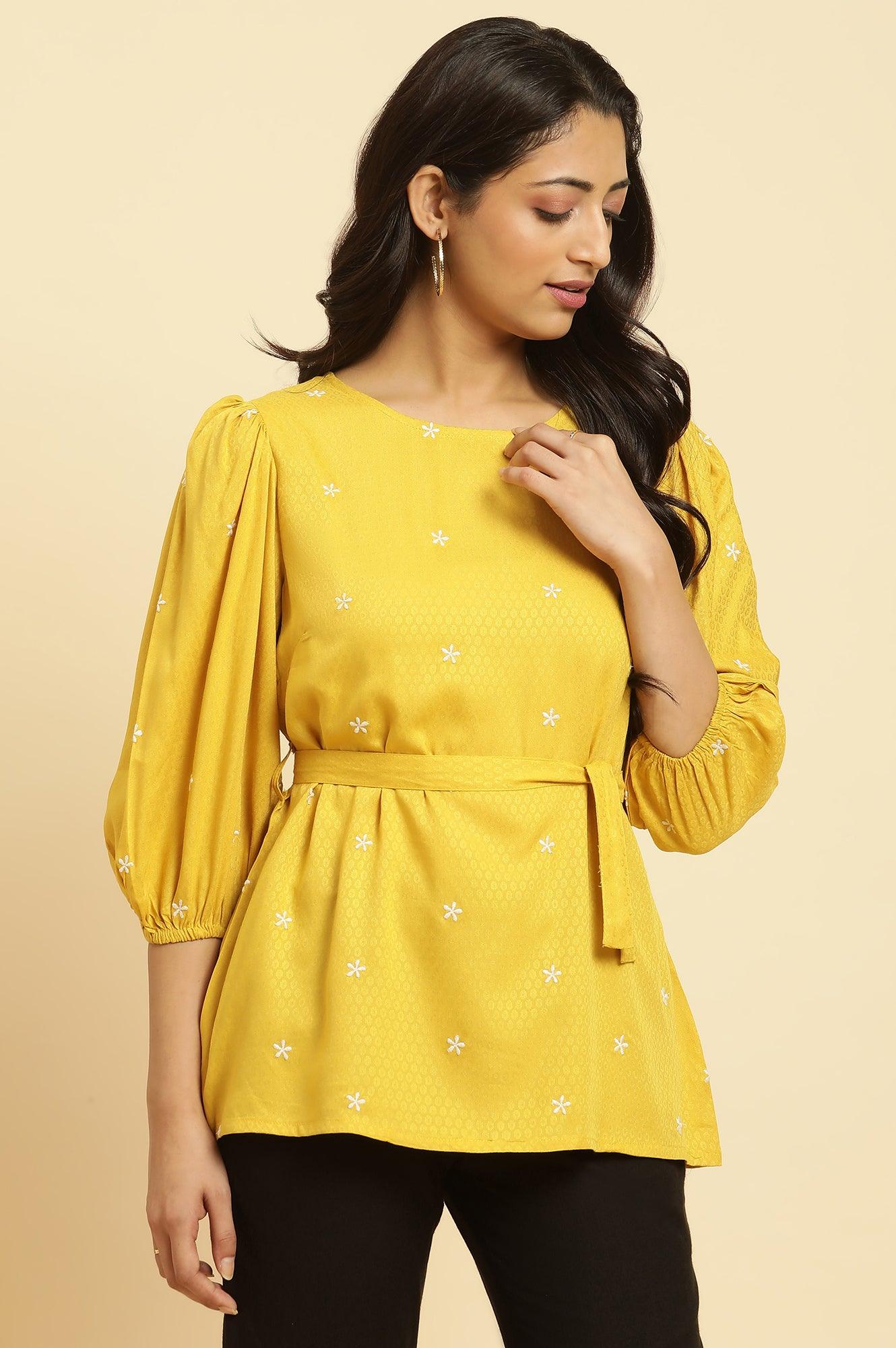 Yellow Minimal Embroidered Western Top With Belt - wforwoman