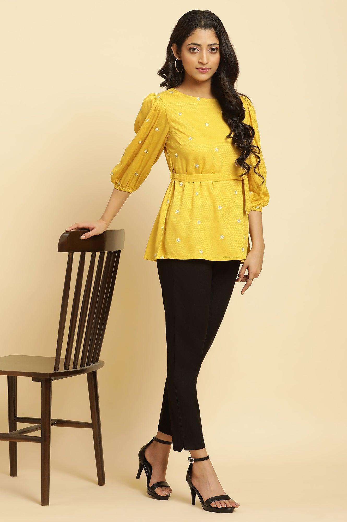 Yellow Minimal Embroidered Western Top With Belt - wforwoman