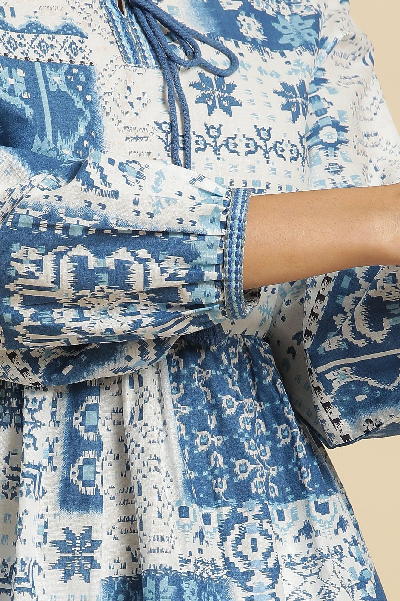 Ecru & Blue Gathered Top With Tie-Up Neck - wforwoman