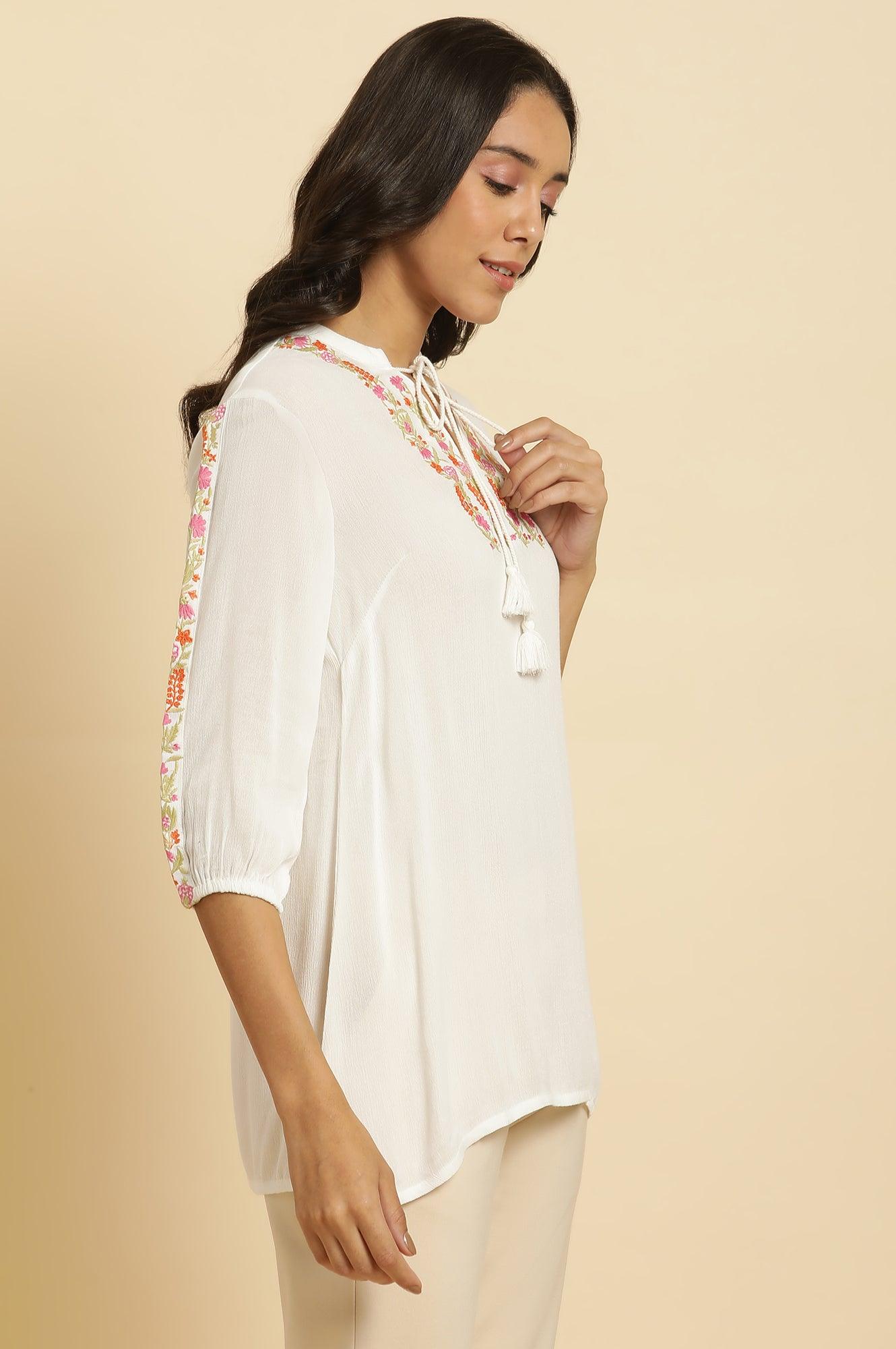 Ecru Embroidered Solid Top - wforwoman