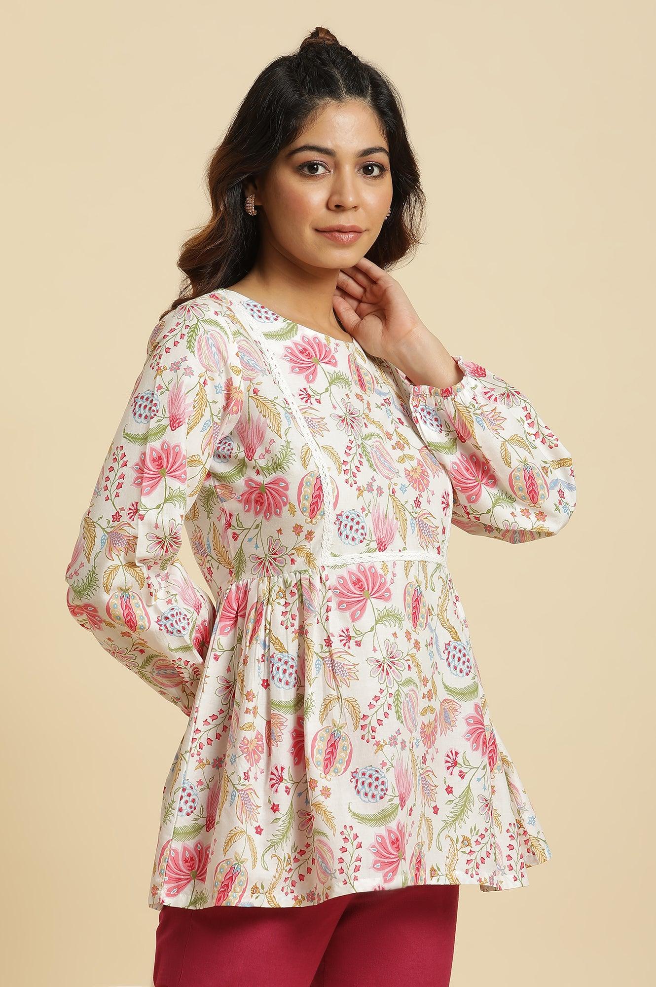 Ecru Gathered Top With Bright Floral Print - wforwoman