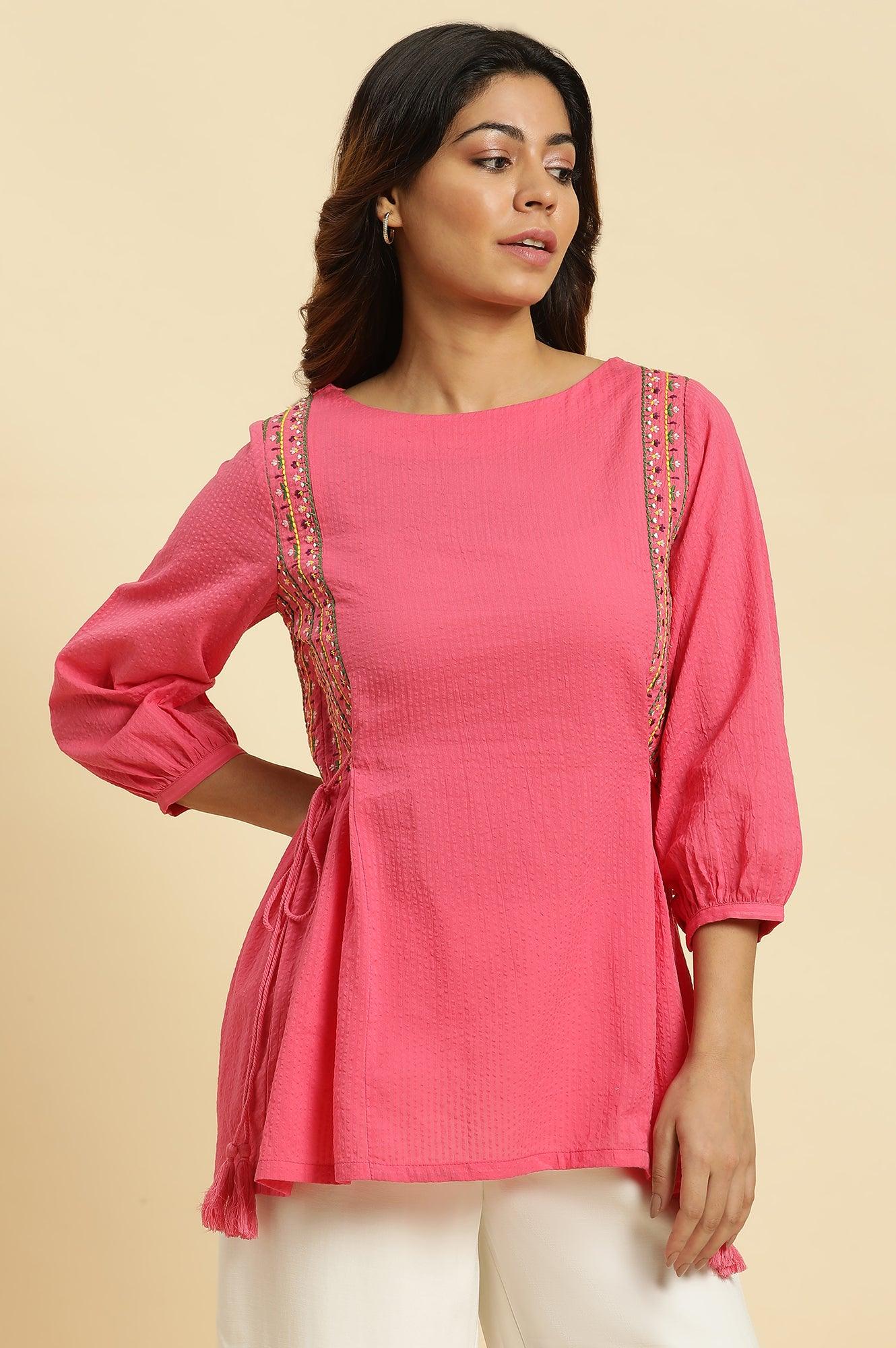 Pink Embroidered Solid Top With Side Tie-Up - wforwoman