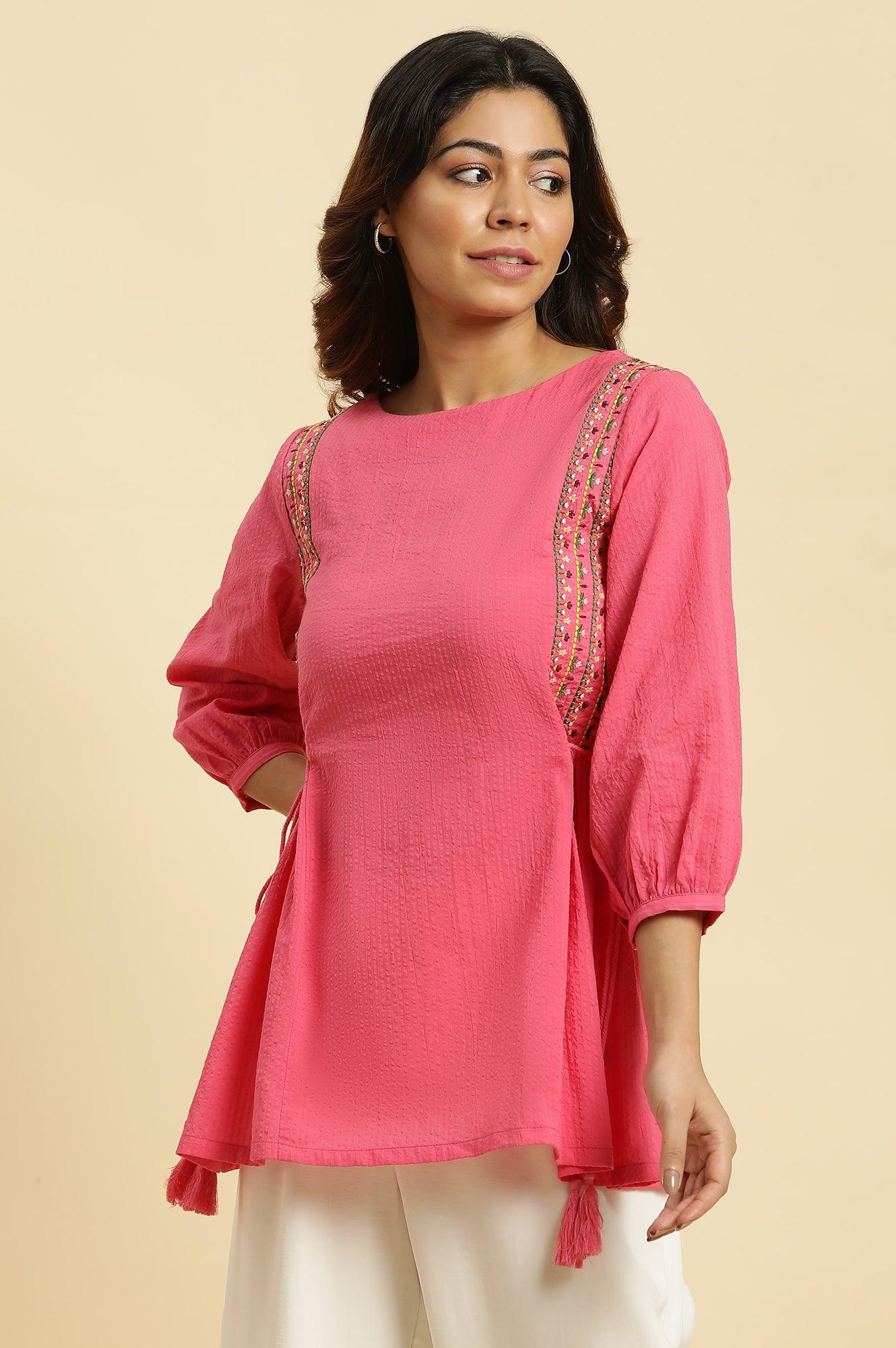 Pink Embroidered Solid Top With Side Tie-Up - wforwoman