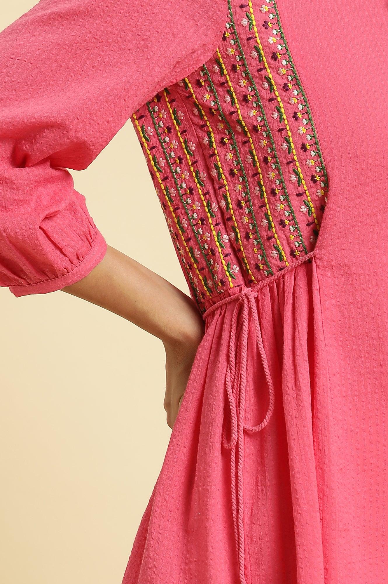 Pink Embroidered Solid Top With Side Tie-Up - wforwoman