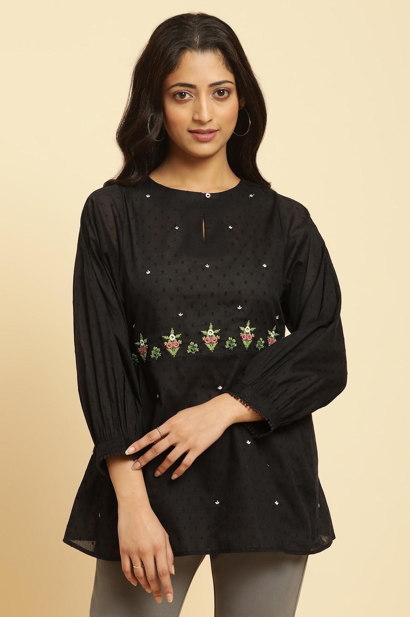 Black Floral Embroidered Western Top - wforwoman