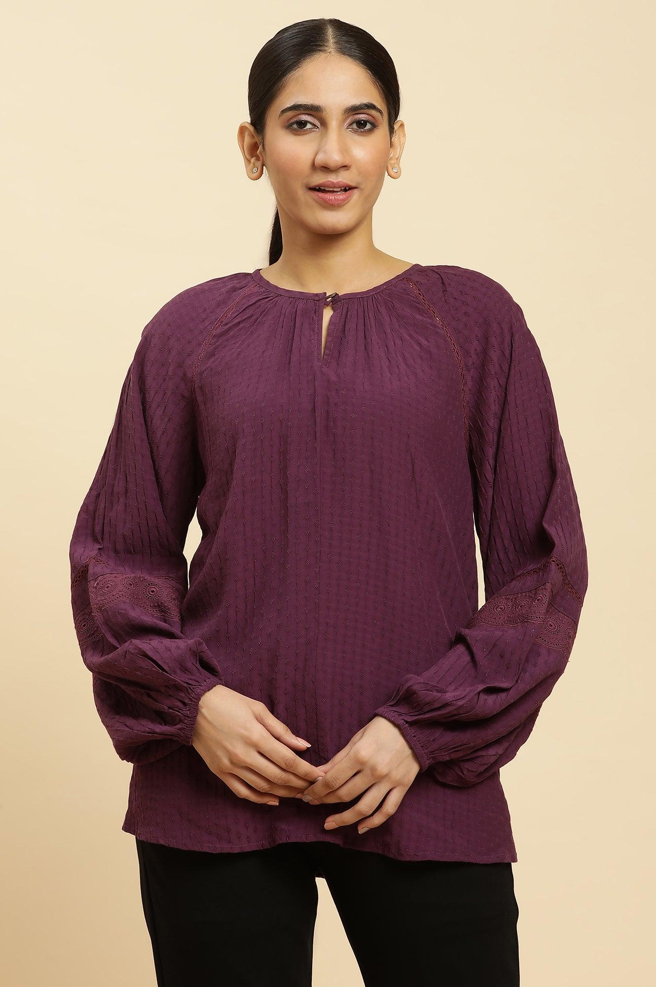 Purple Swiss Dot Gathered Sleeves Western Top - wforwoman