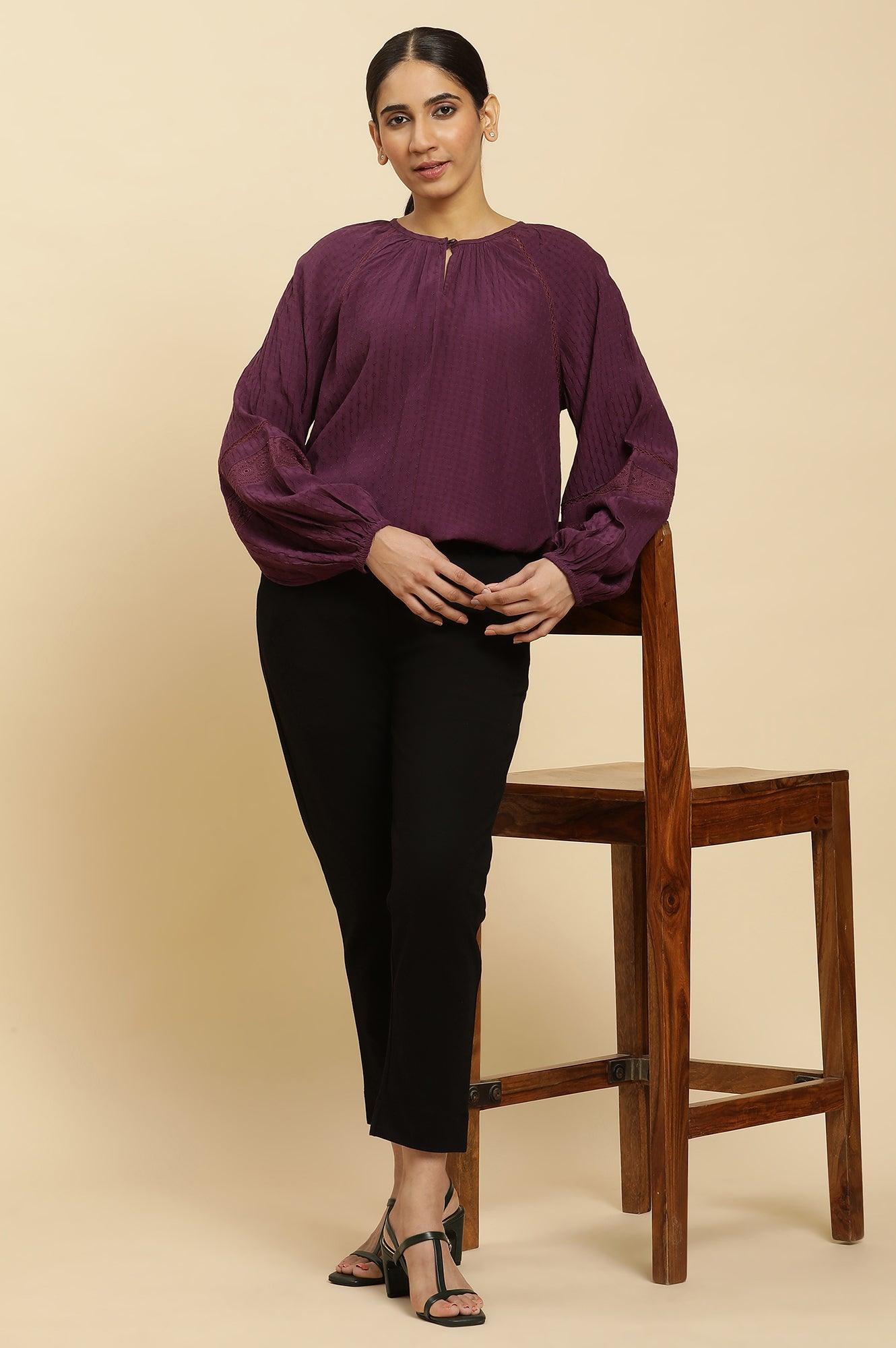 Purple Swiss Dot Gathered Sleeves Western Top - wforwoman