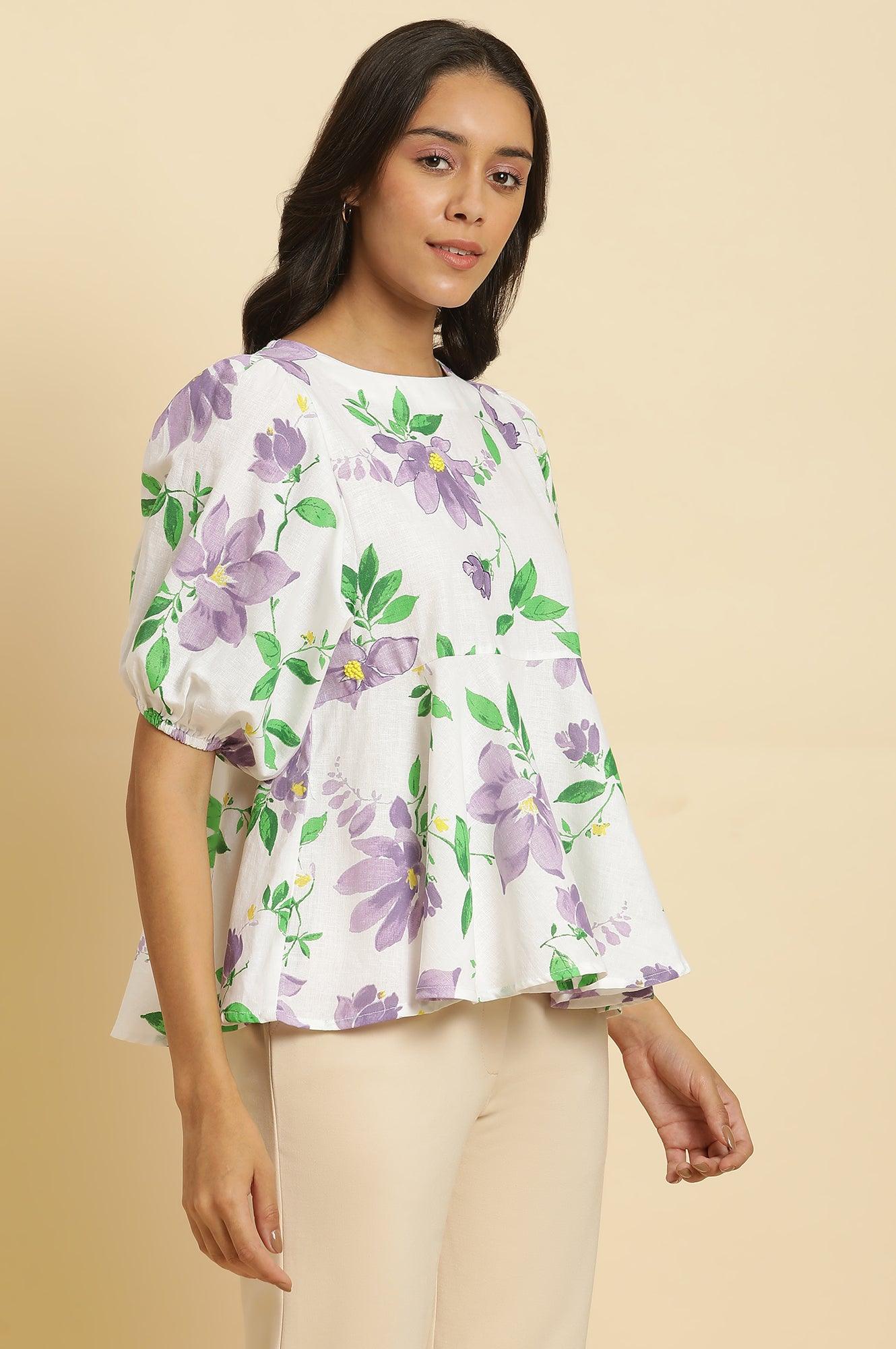 Ecru Floral Printed Peplum Top - wforwoman