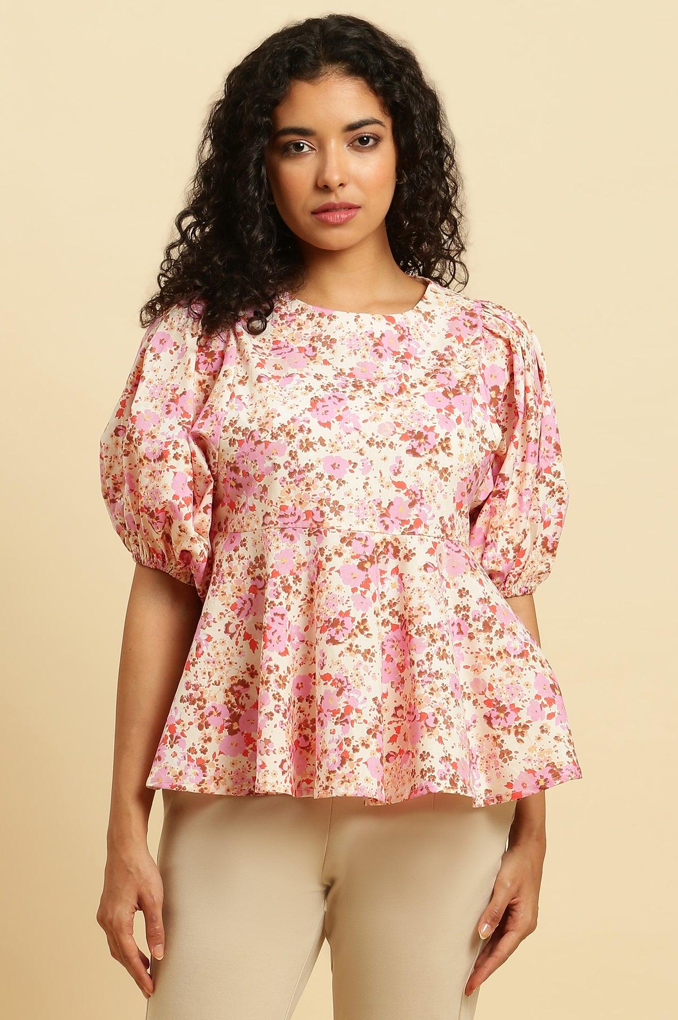 White And Pink Floral Printed Flared Top - wforwoman