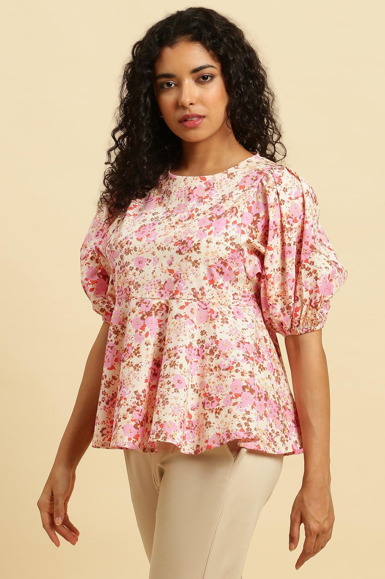 White And Pink Floral Printed Flared Top - wforwoman