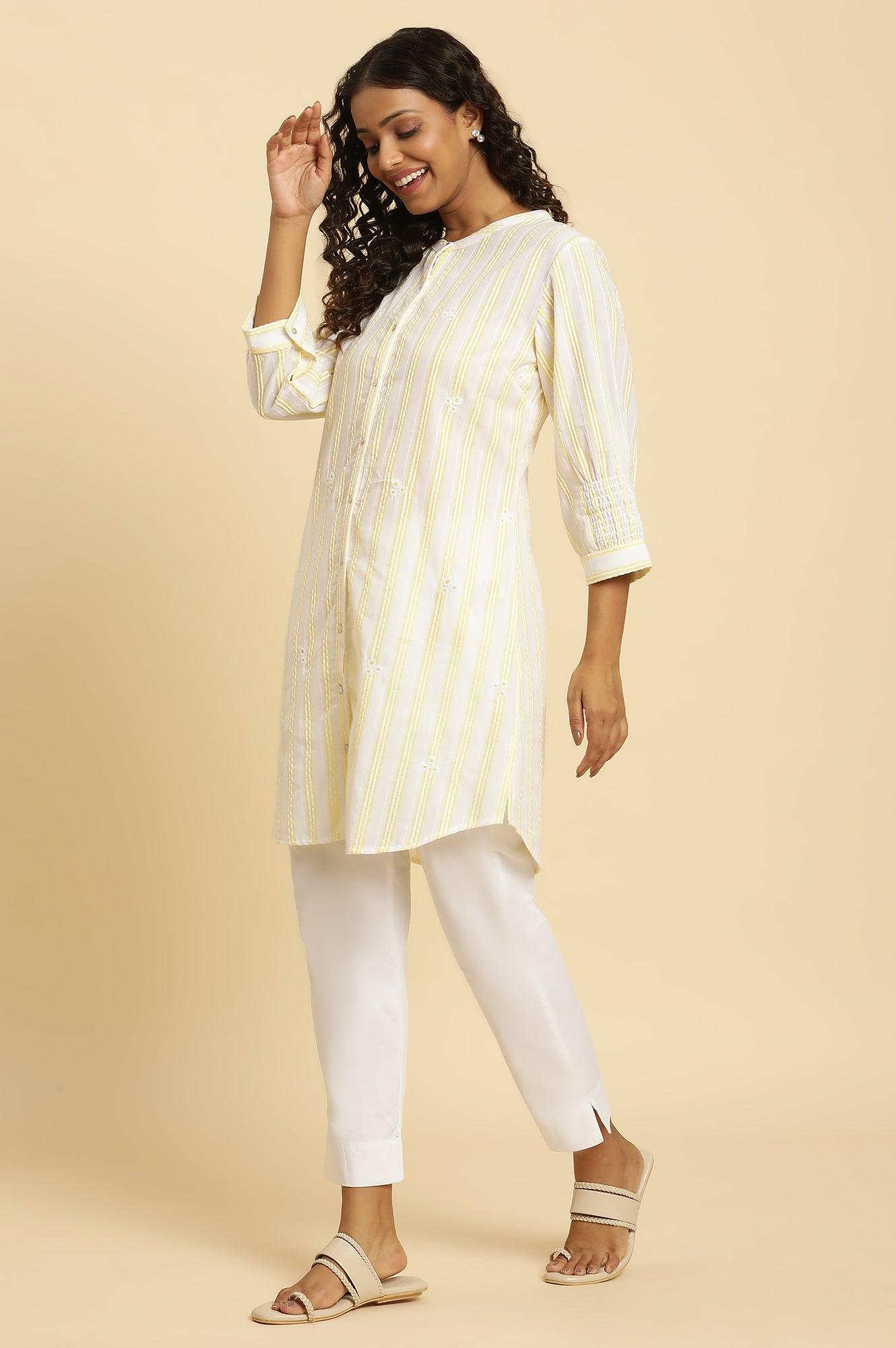Ecru Stripe Printed Tunic With Floral Thread Embroidery - wforwoman