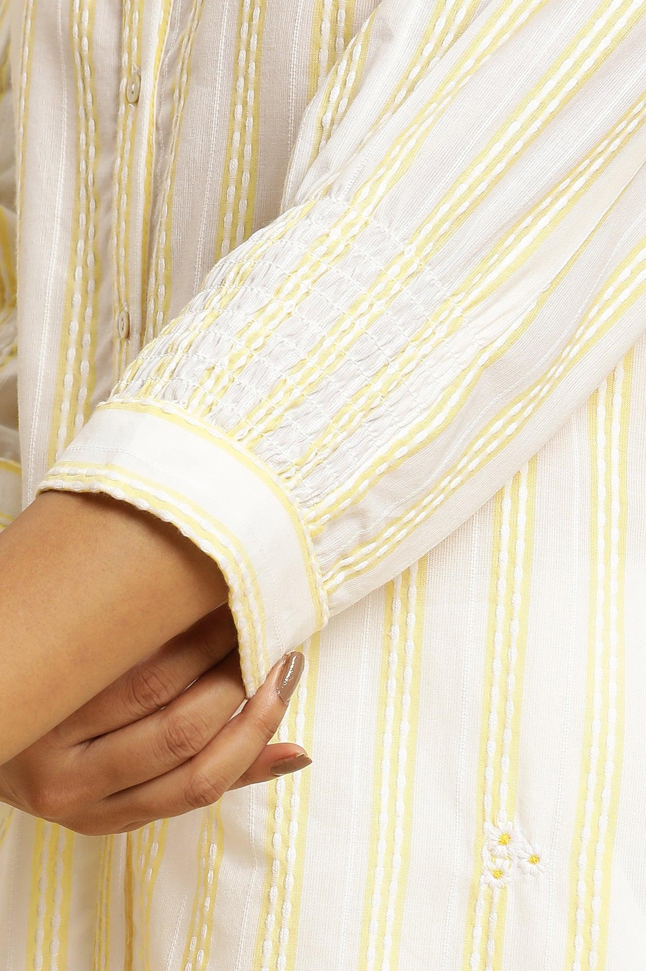 Ecru Stripe Printed Tunic With Floral Thread Embroidery - wforwoman