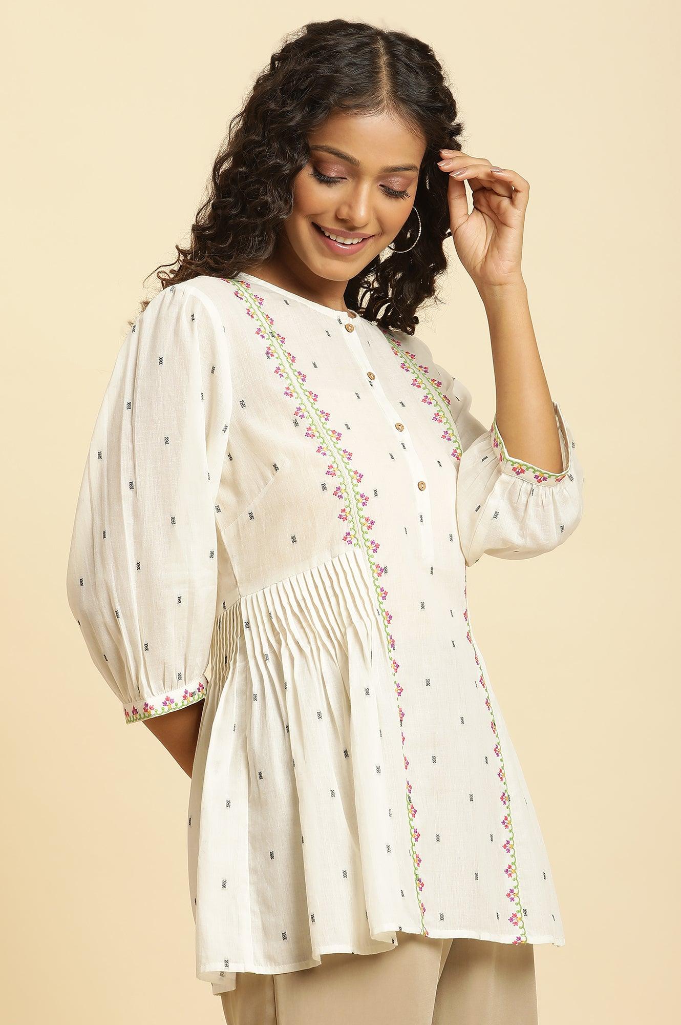 Ecru Yarn Dye Embroidered Top With Pleats - wforwoman