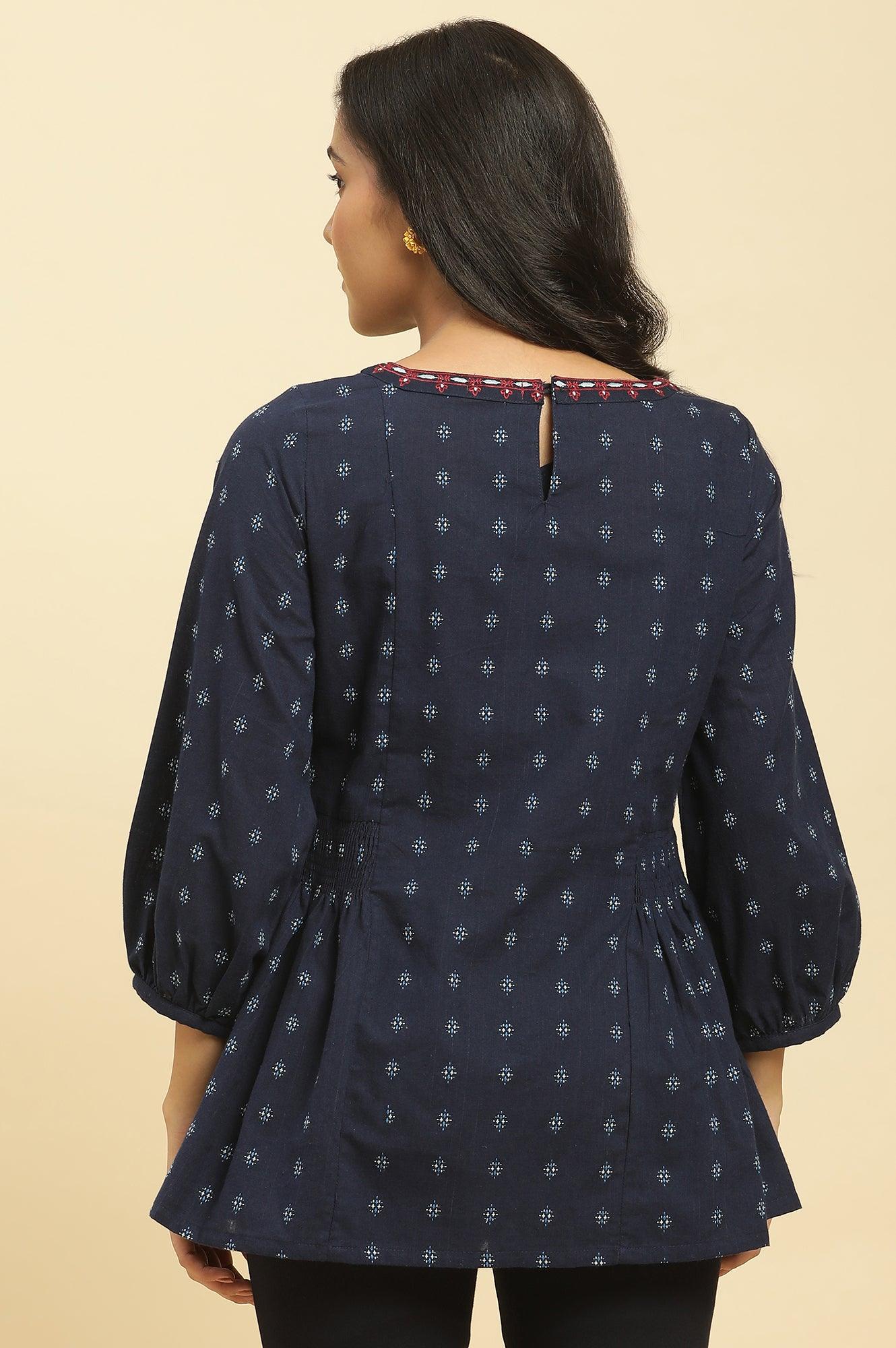 Blue Yarn Dye Top With Smocking - wforwoman