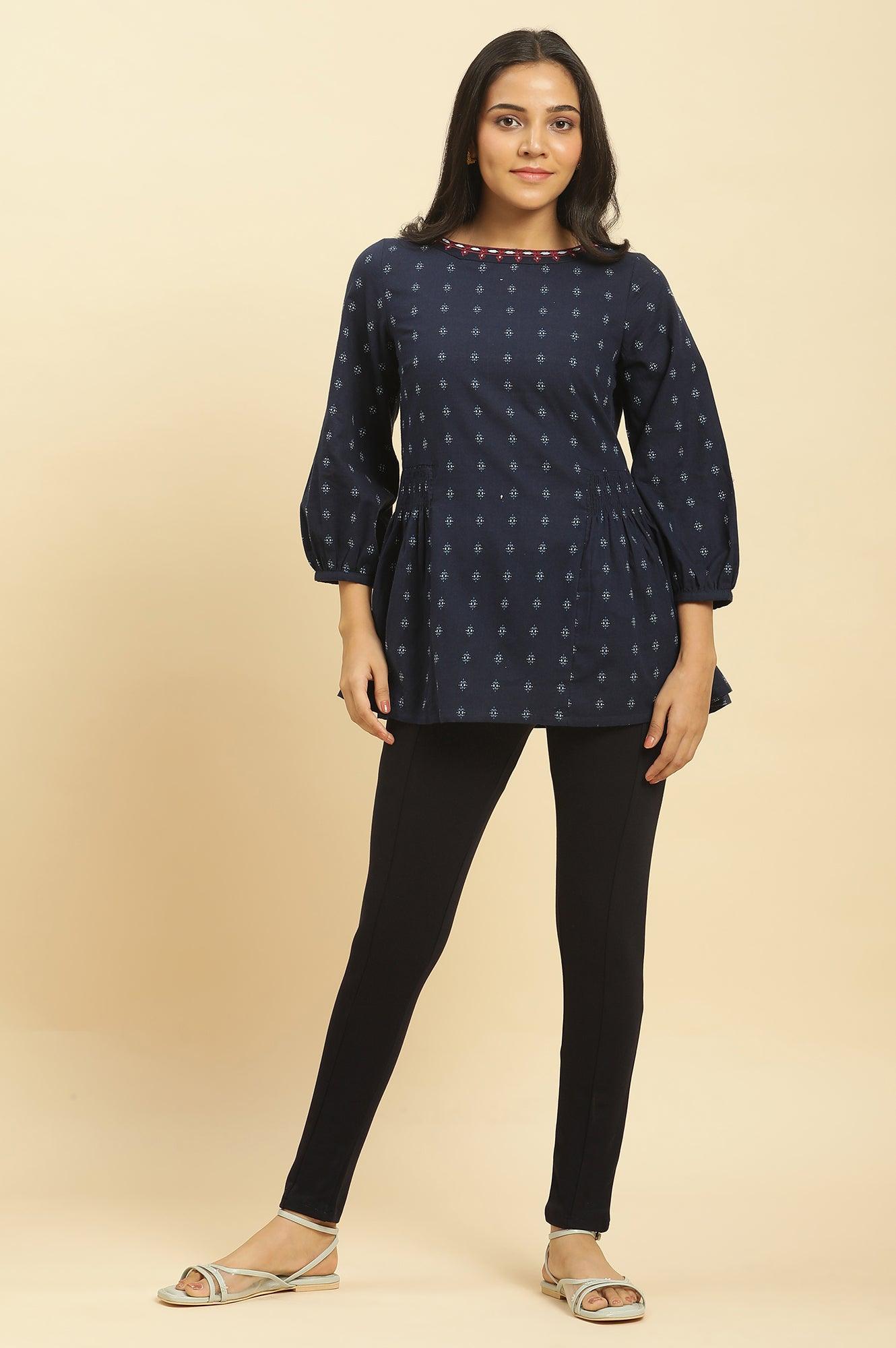 Blue Yarn Dye Top With Smocking - wforwoman