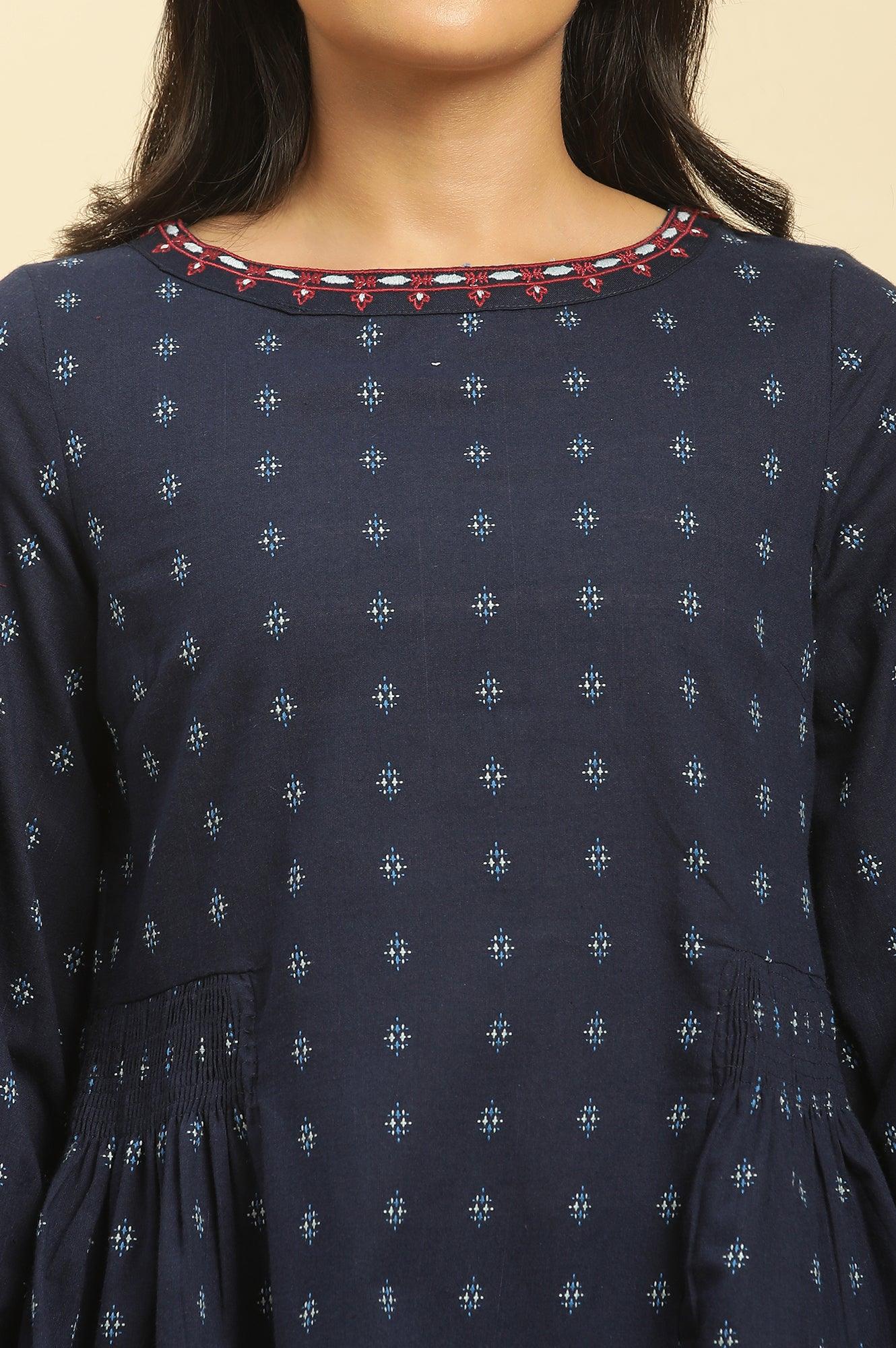 Blue Yarn Dye Top With Smocking - wforwoman