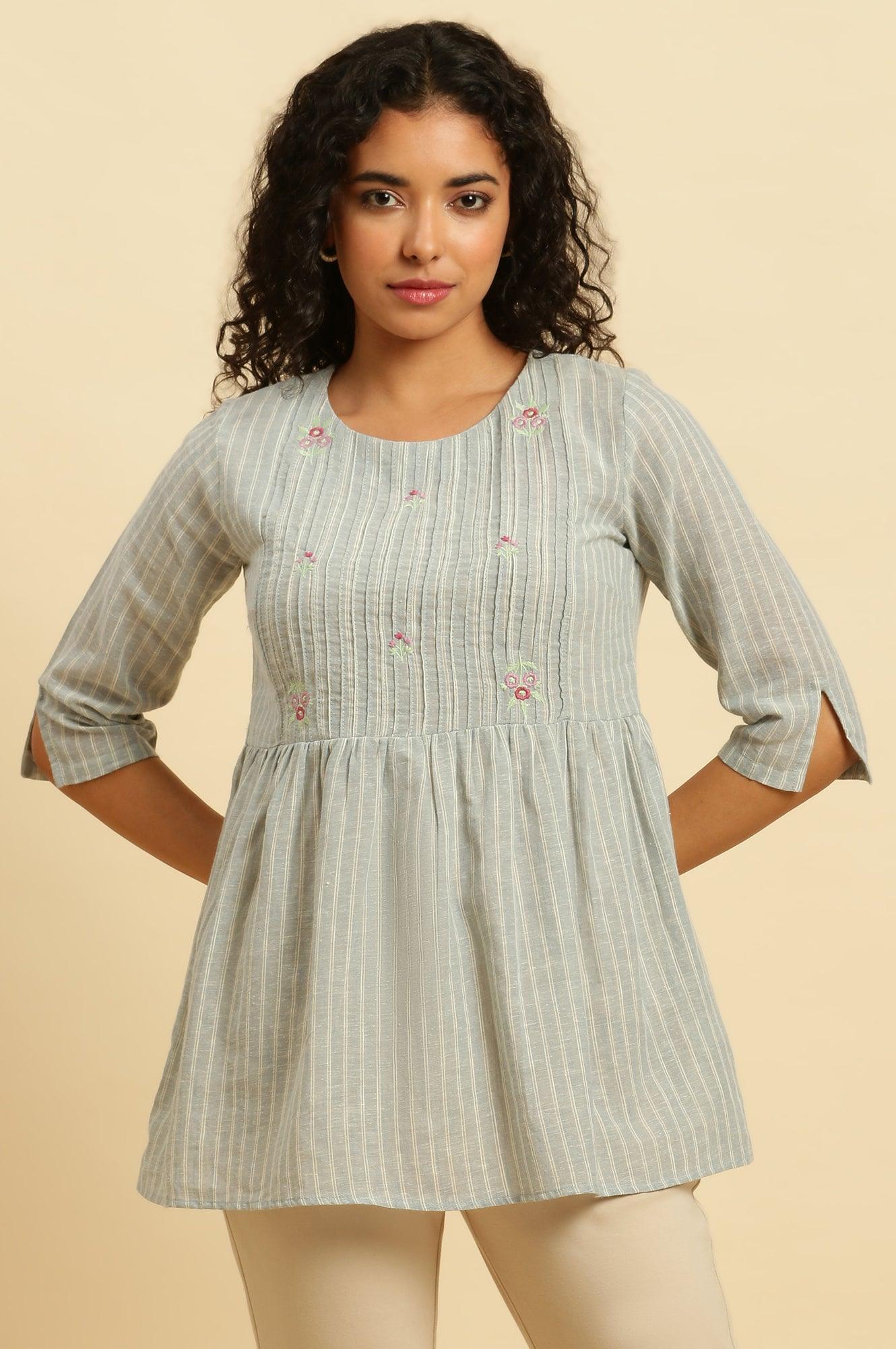 Grey Gathered Top With Pintucks & Embroidery - wforwoman